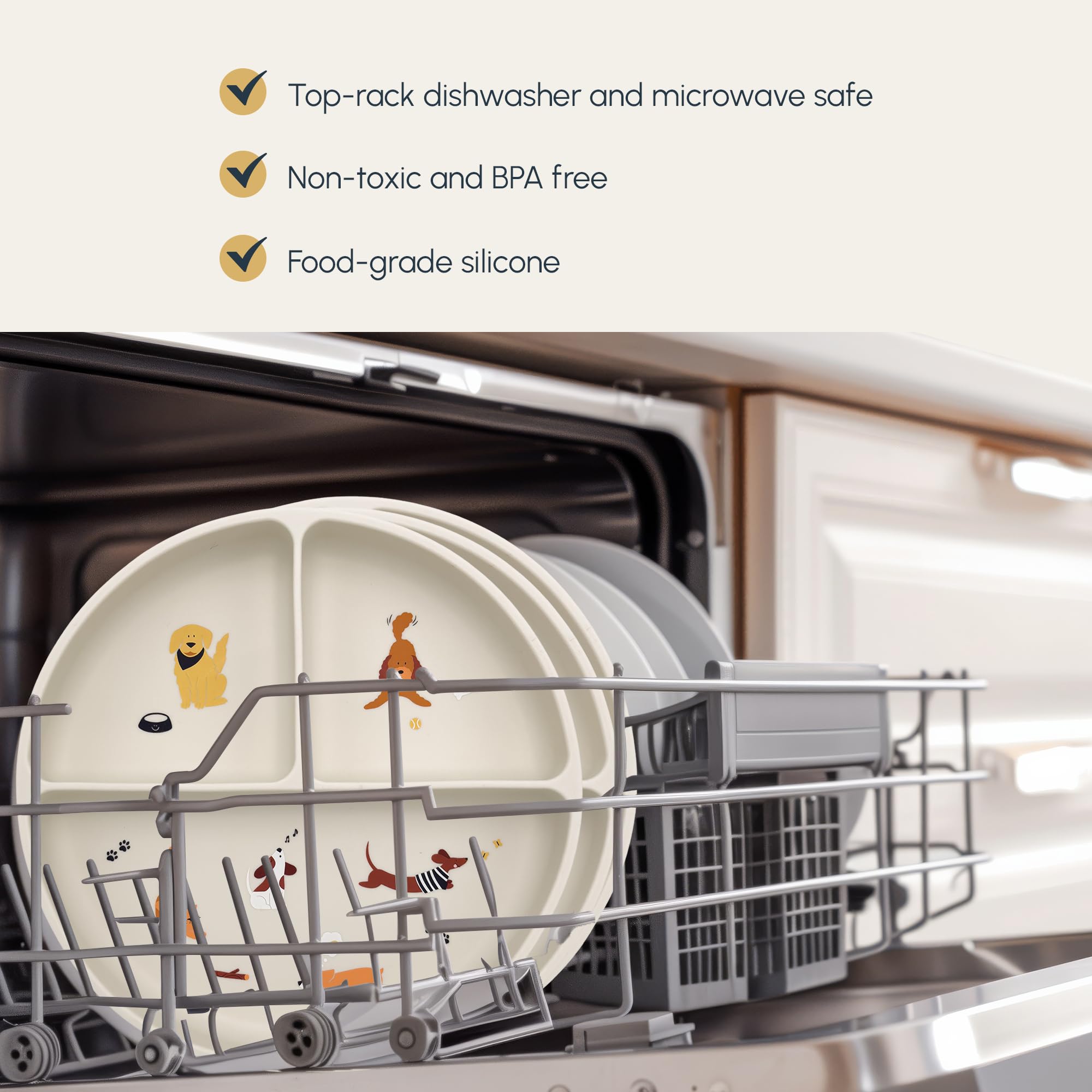 Studio Merveille dishwasher safe silicone plate on top rack.