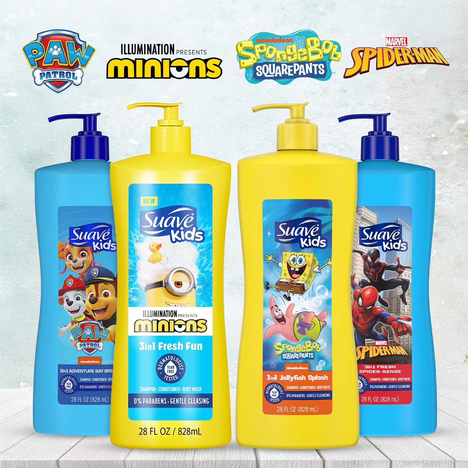 Suave Kids Minions Tear-Free bottle emphasizes tear-free cleansing for sensitive skin.