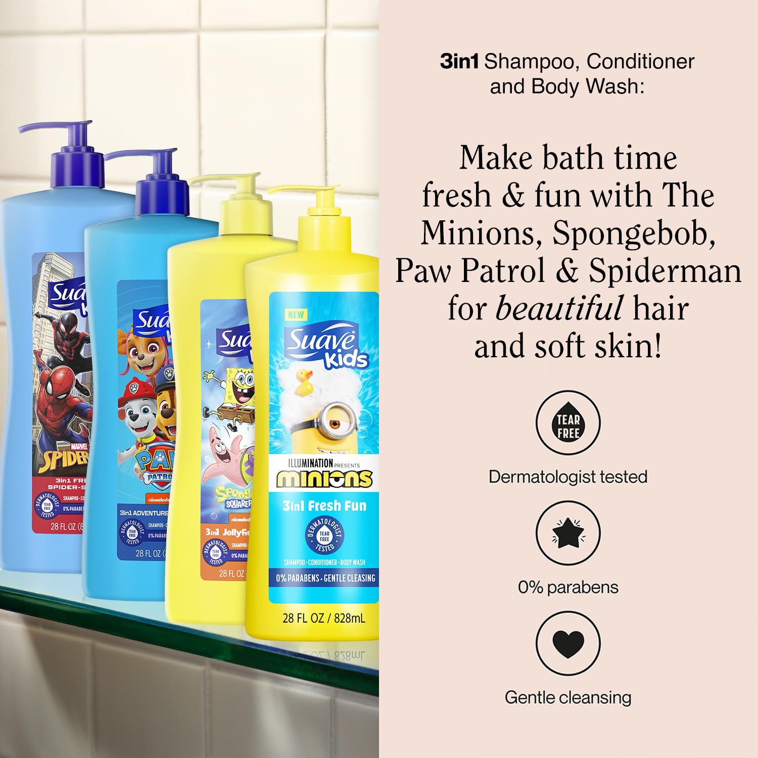 Suave Kids Paw Patrol Adventure Bay Breeze bottle highlights 3-in-1 convenience during baths.