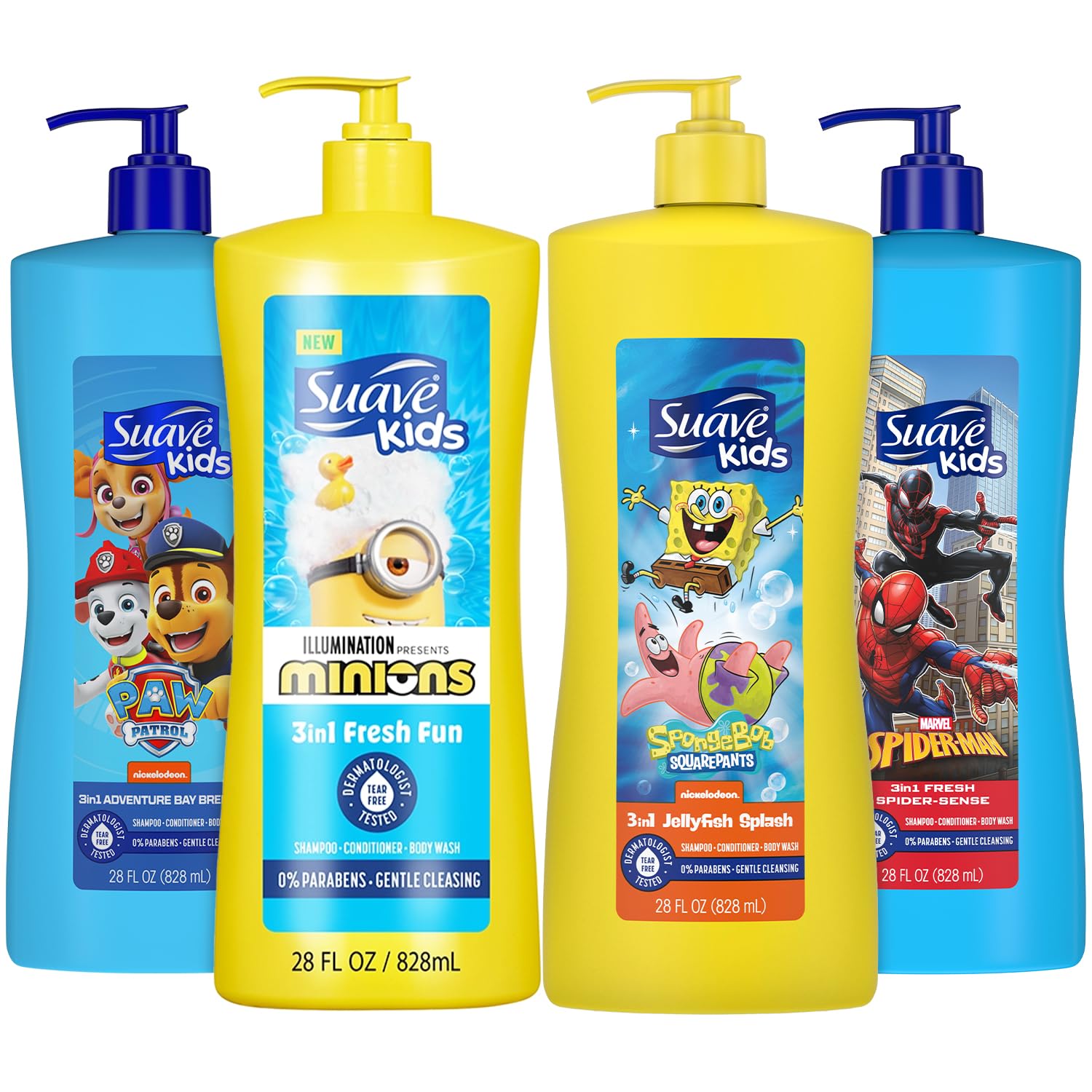 Suave Kids Spiderman Spider-Sense bottle demonstrates kid-friendly packaging for bath time.