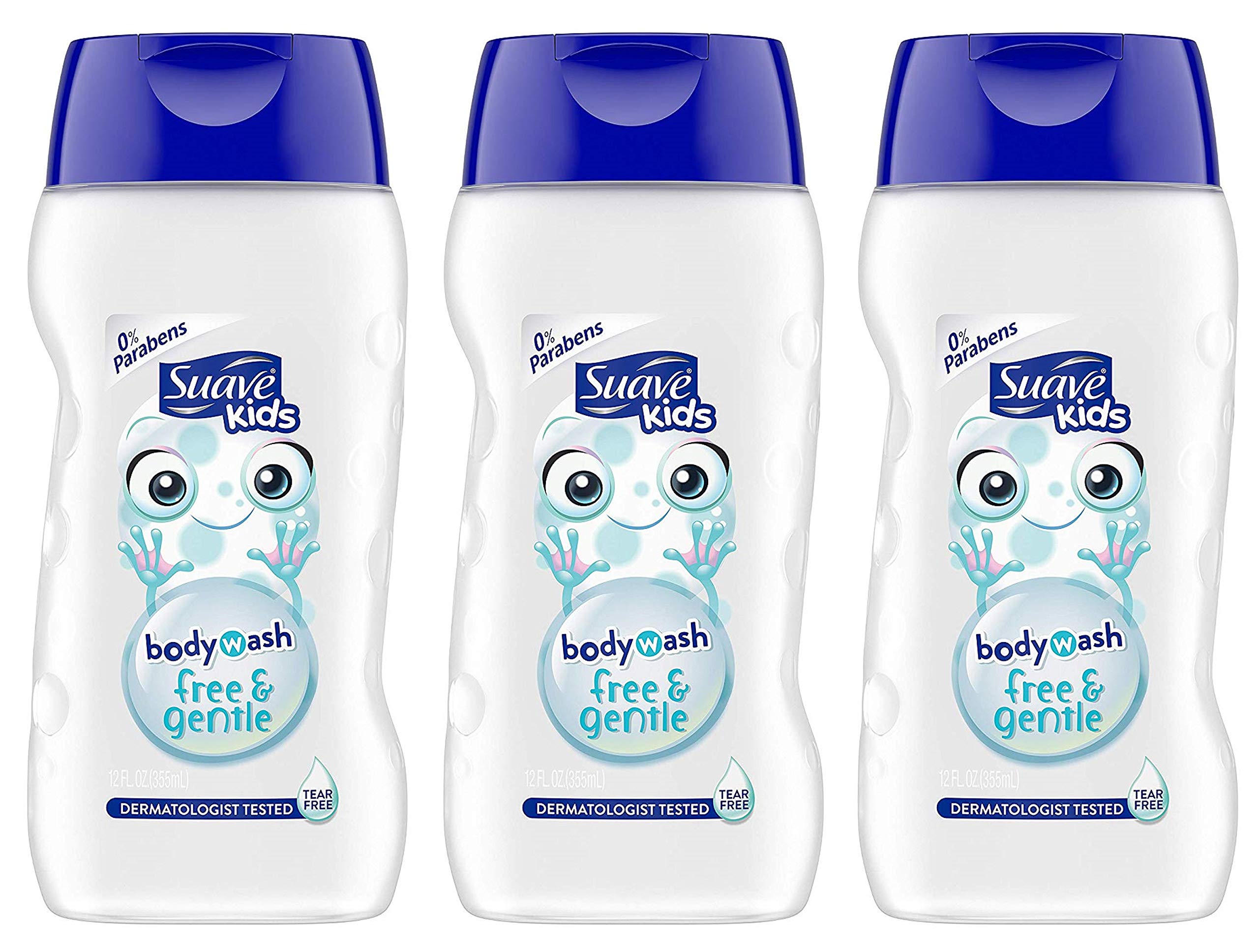Suave Kids Free & Gentle bottle demonstrates tear-free bath time for sensitive skin.
