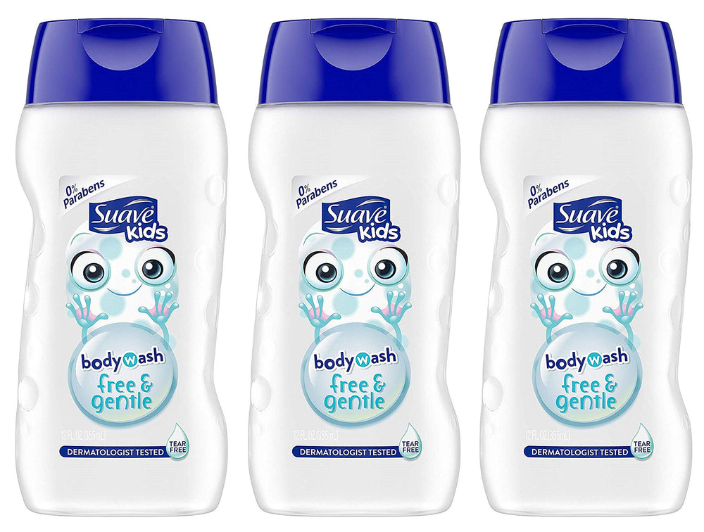 Suave Kids Free & Gentle bottle demonstrates tear-free bath time for sensitive skin.