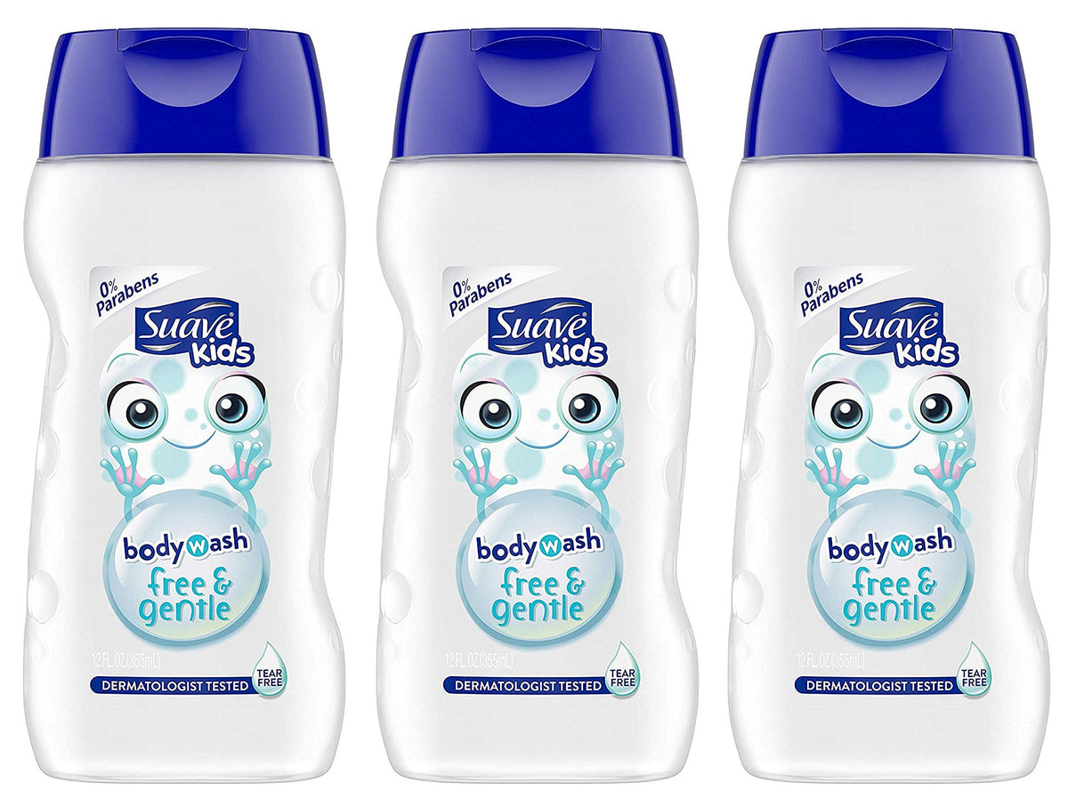 Suave Kids Free & Gentle bottle demonstrates tear-free bath time for sensitive skin.