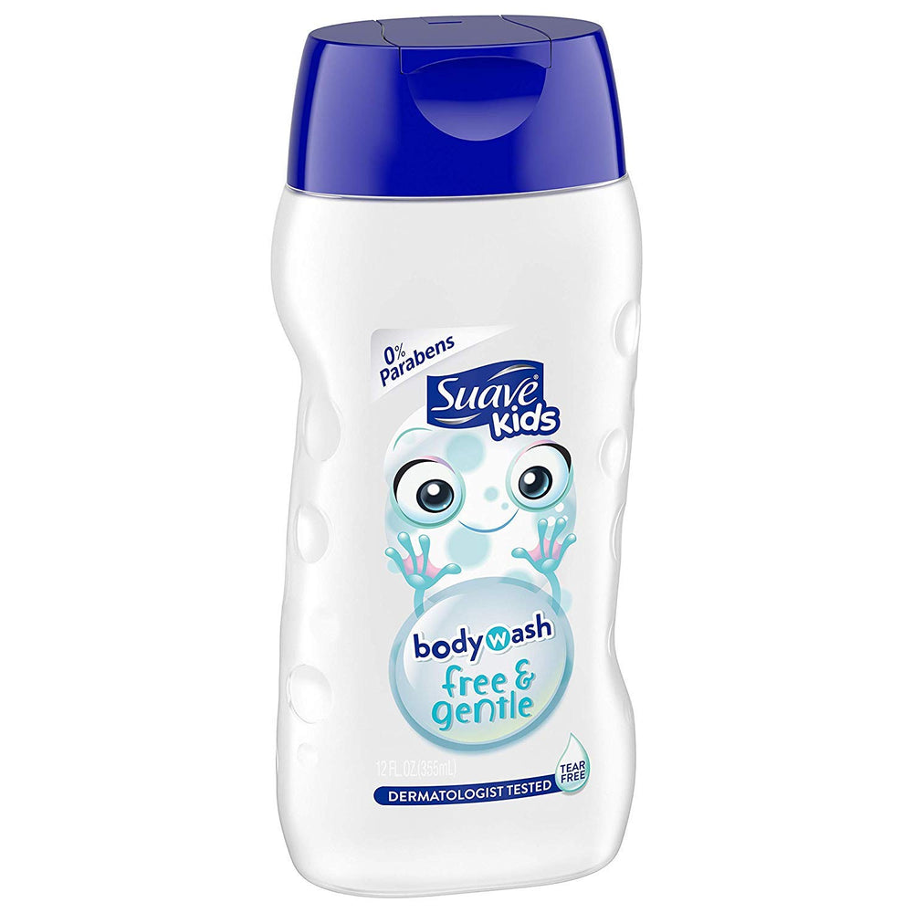 Three Suave Kids body wash bottles displayed on a bathroom counter.