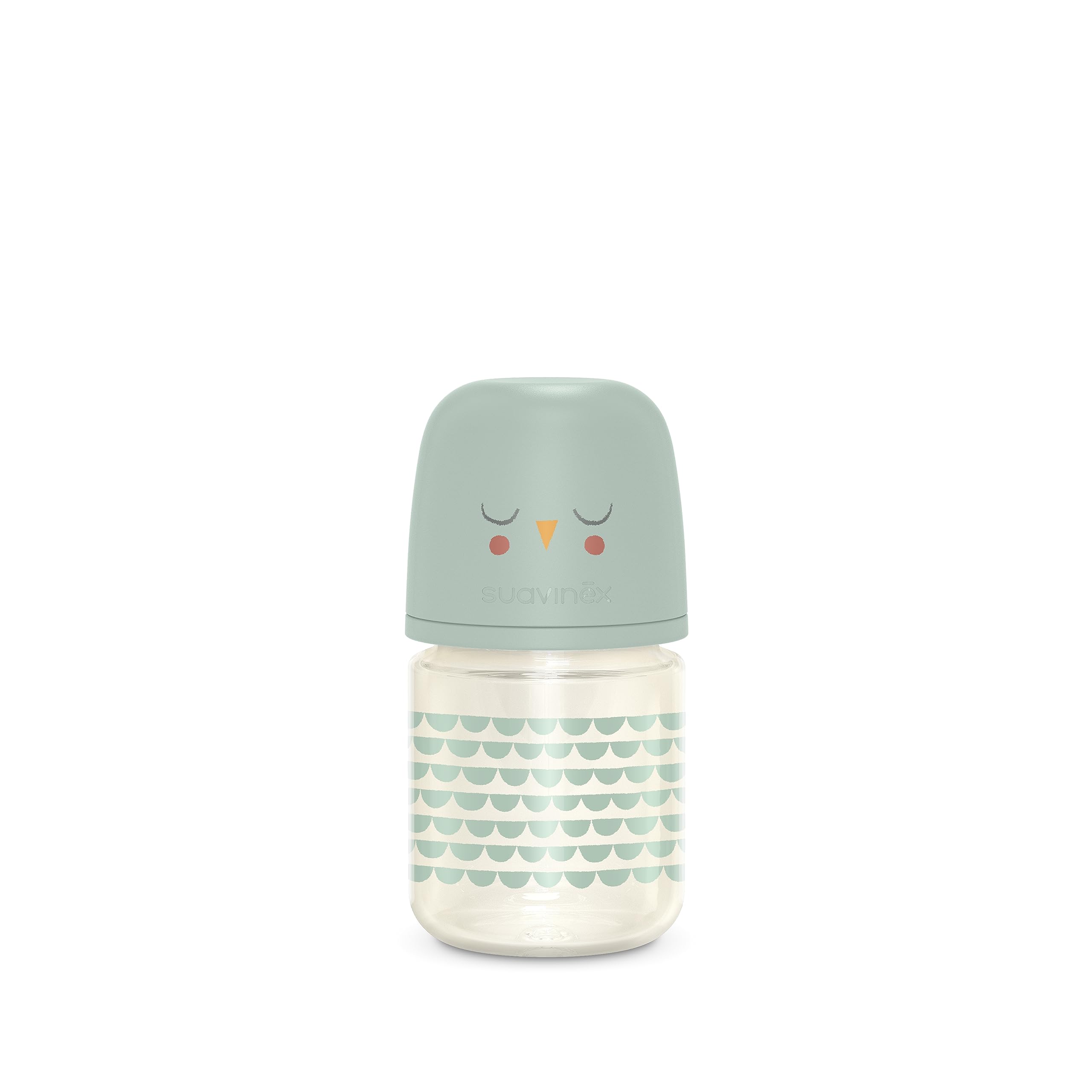 Suavinex Bonhomia glass bottle 4oz mint in hand, ideal newborn feeding option.