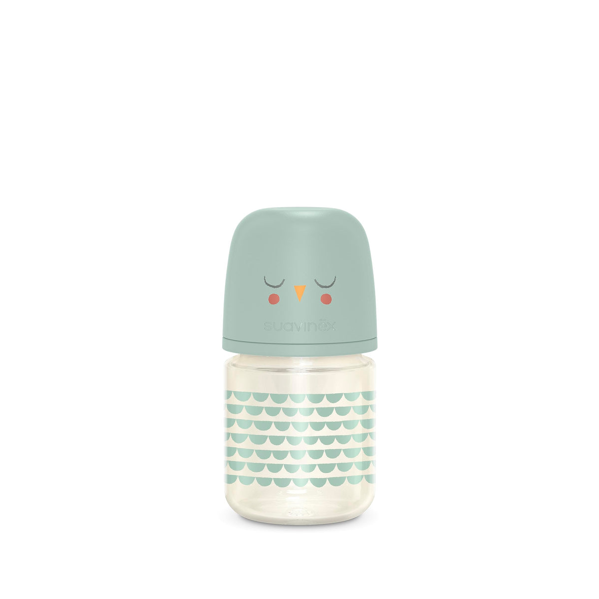 Suavinex Bonhomia glass bottle 4oz mint in hand, ideal newborn feeding option.
