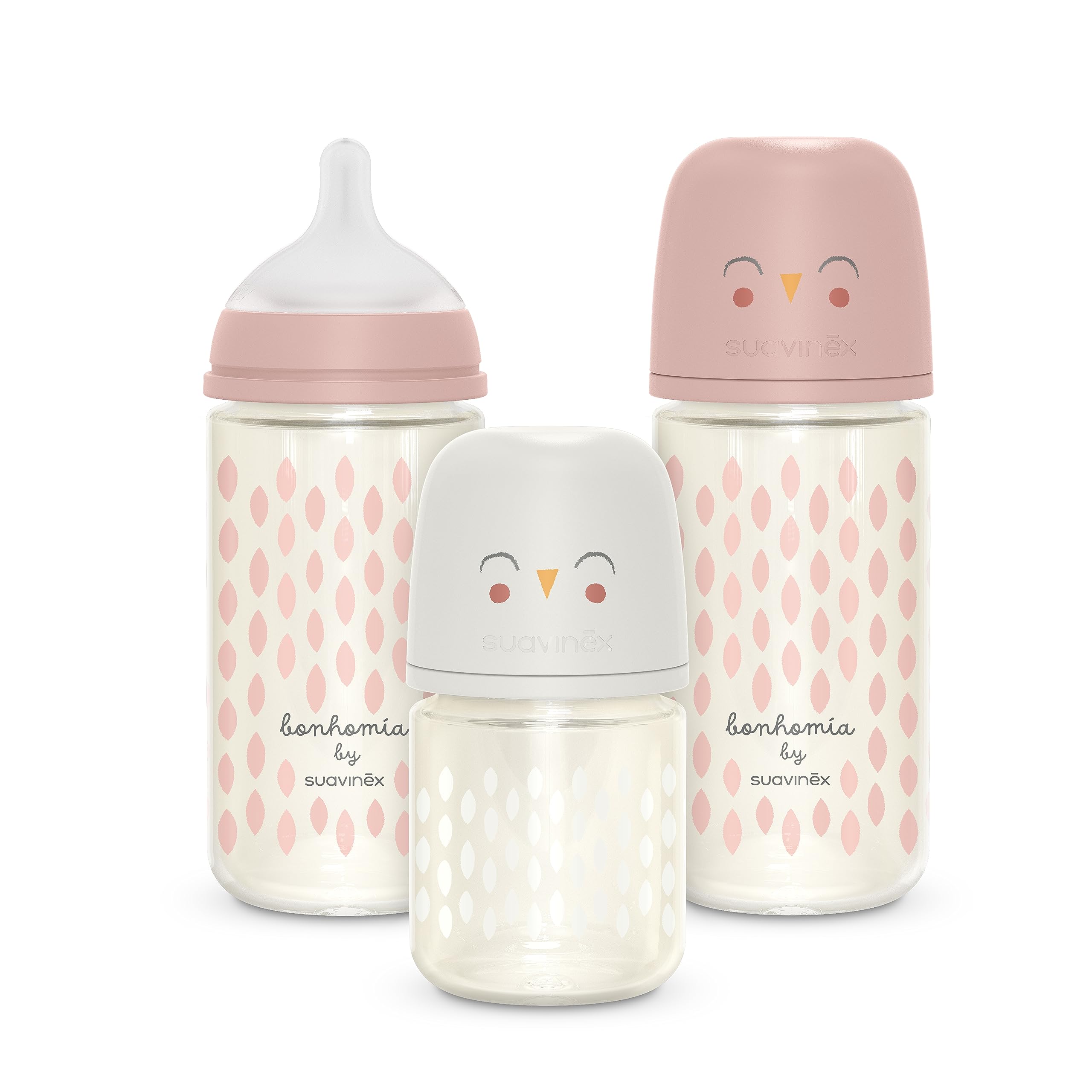 Suavinex Bonhomia glass bottle pink-beige designed for comfortable feeds.
