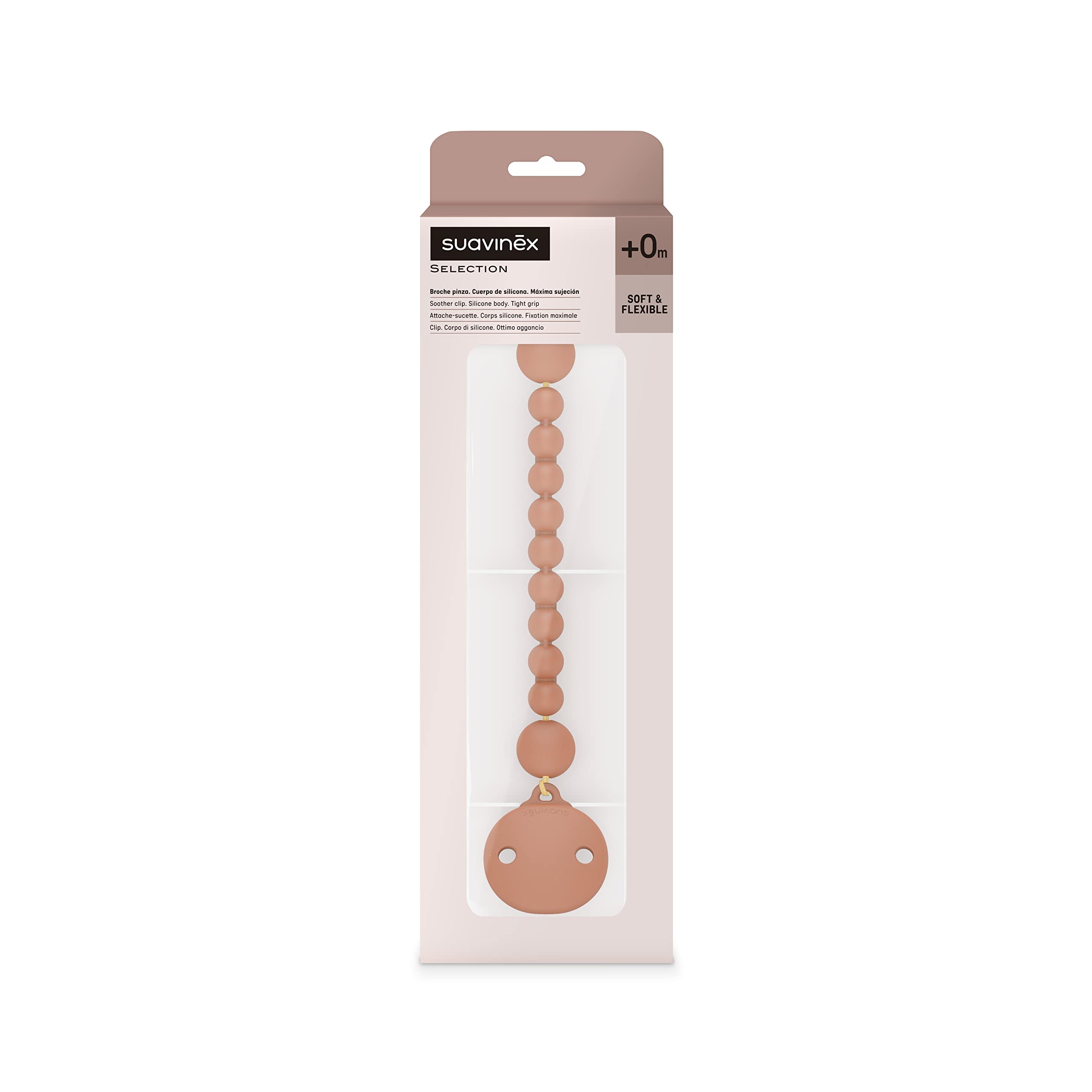 Suavinex Color Essence closeup highlights one-piece silicone construction for security.