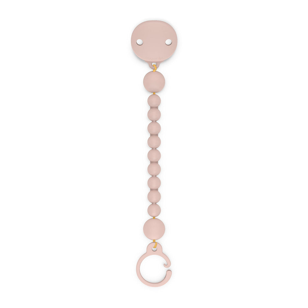 Suavinex Color Essence pacifier clip with silicone chain in Marshmallow Nude keeps pacifier clean and within reach