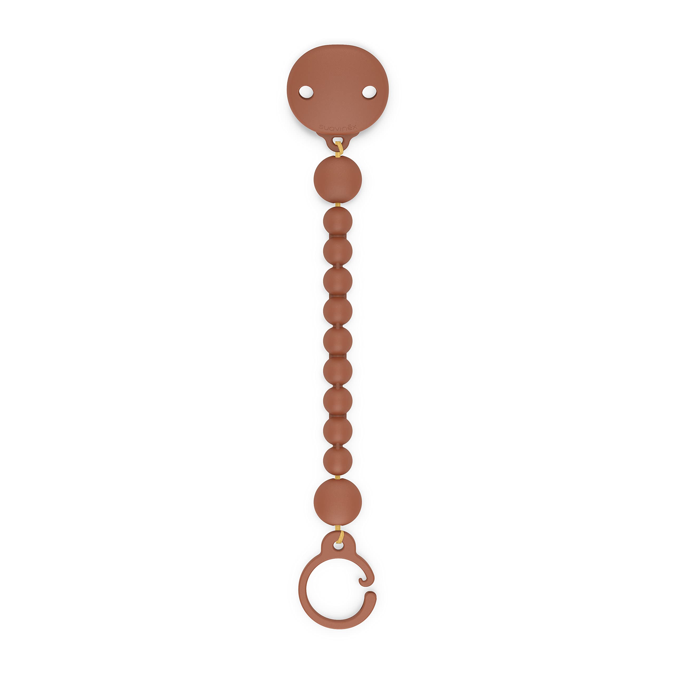 Suavinex Color Essence pacifier clip in sunset orange secures the pacifier for mess-free outings.