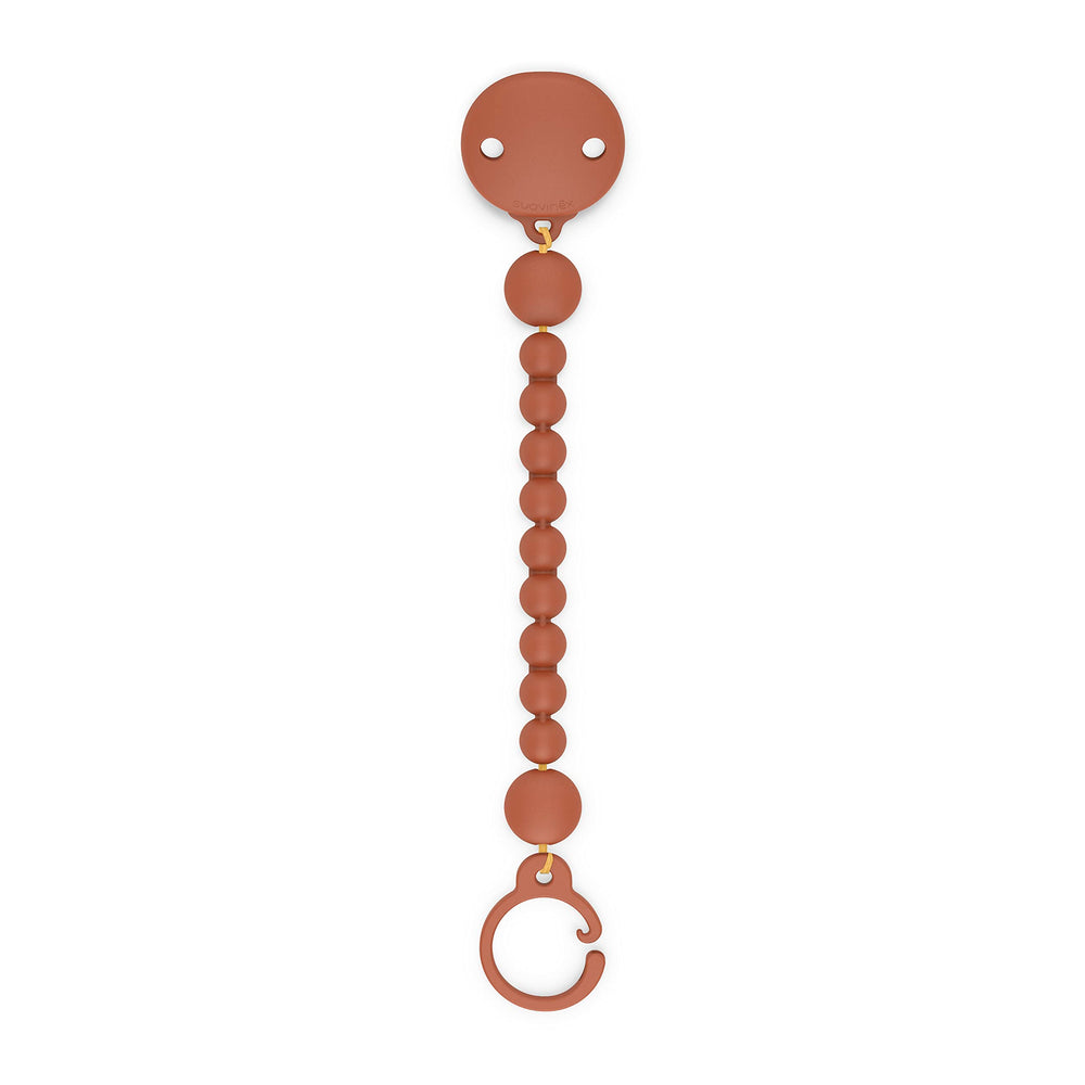 Suavinex Color Essence pacifier clip in sunset orange secures the pacifier for mess-free outings.