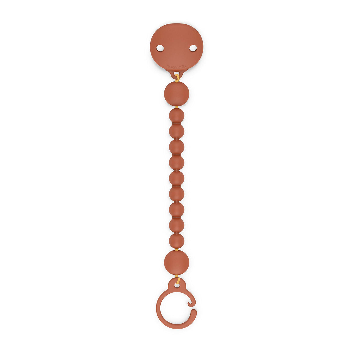 Suavinex Color Essence pacifier clip in sunset orange secures the pacifier for mess-free outings.