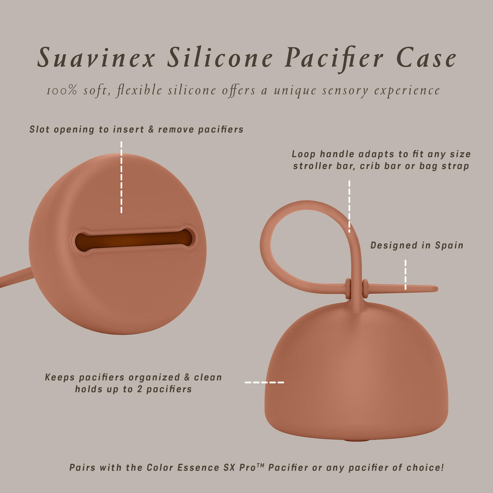 Suavinex Color Essence pacifier case on stroller attachment shows easy access during outings.