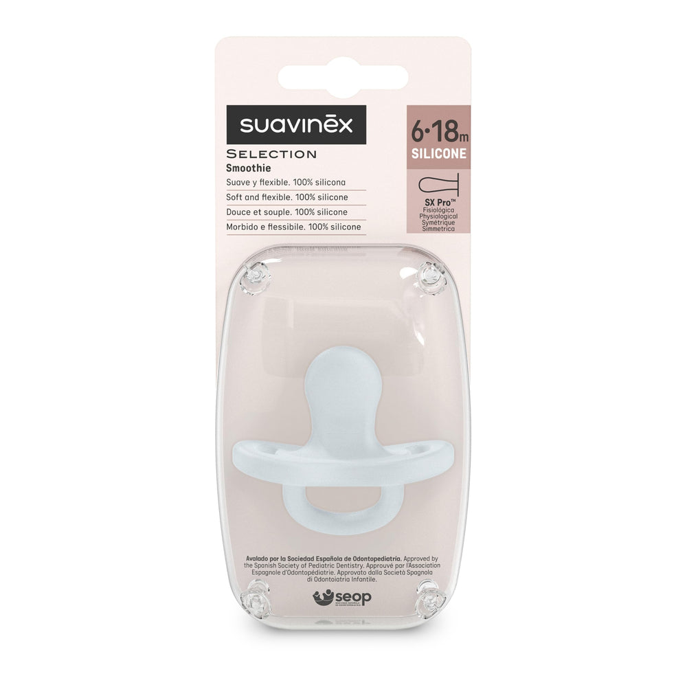 Suavinex 6-18 months pacifier blue showing ergonomic shape for natural mouth positioning