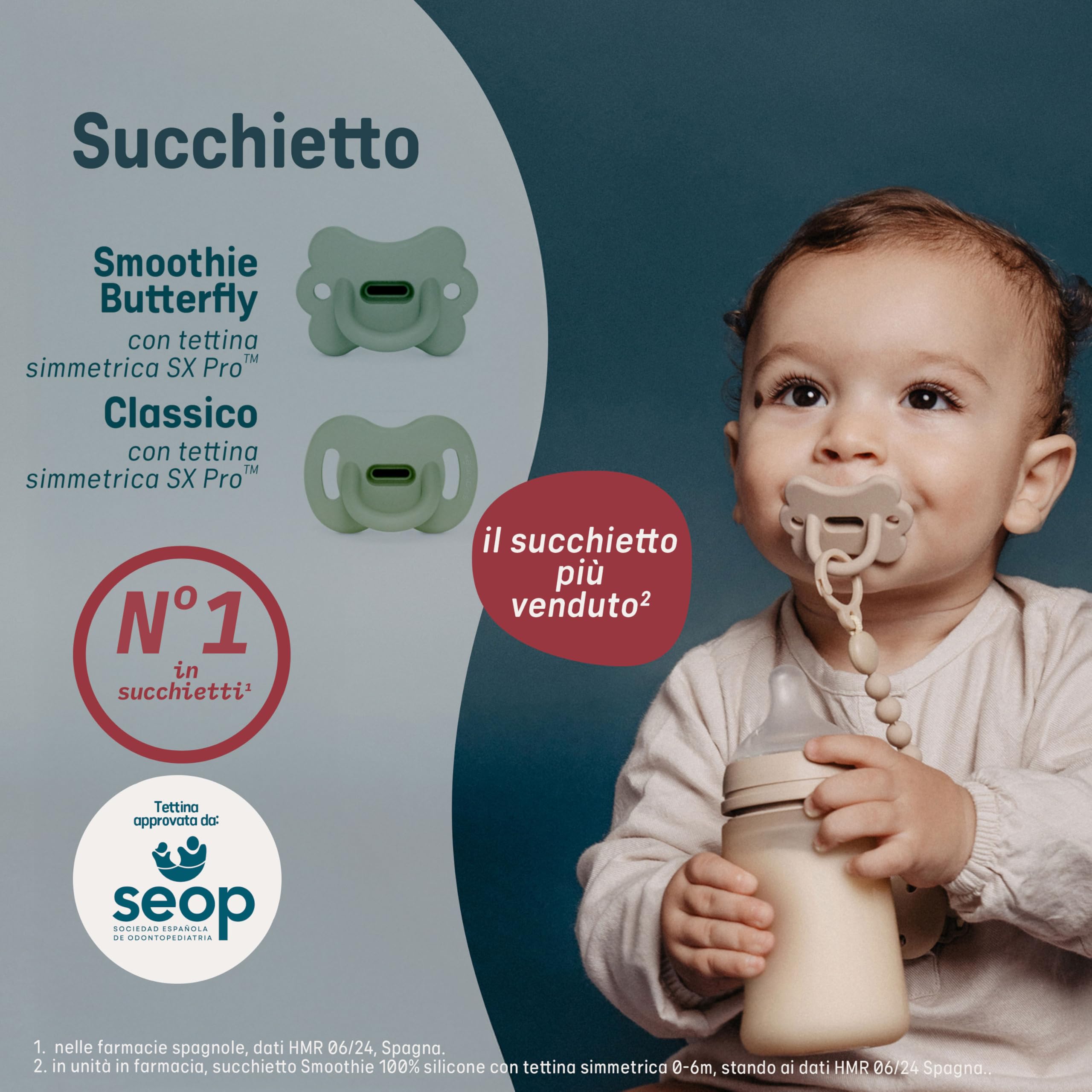 Suavinex pacifier close-up illustrates 100% silicone material and skin-friendly texture