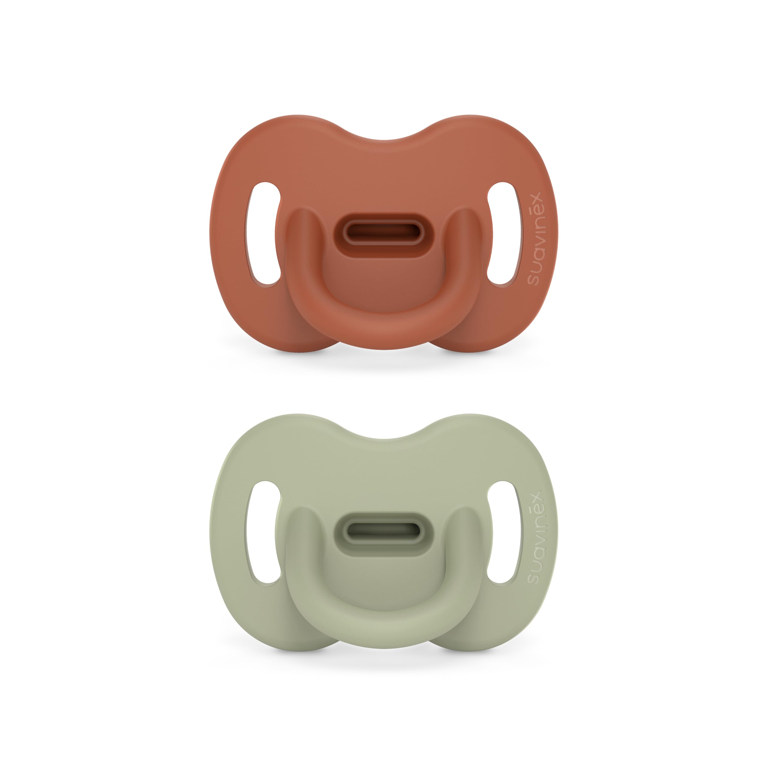 Suavinex Color Essence SX PRO pacifier 2pk in orange and green for on-the-go soothing.