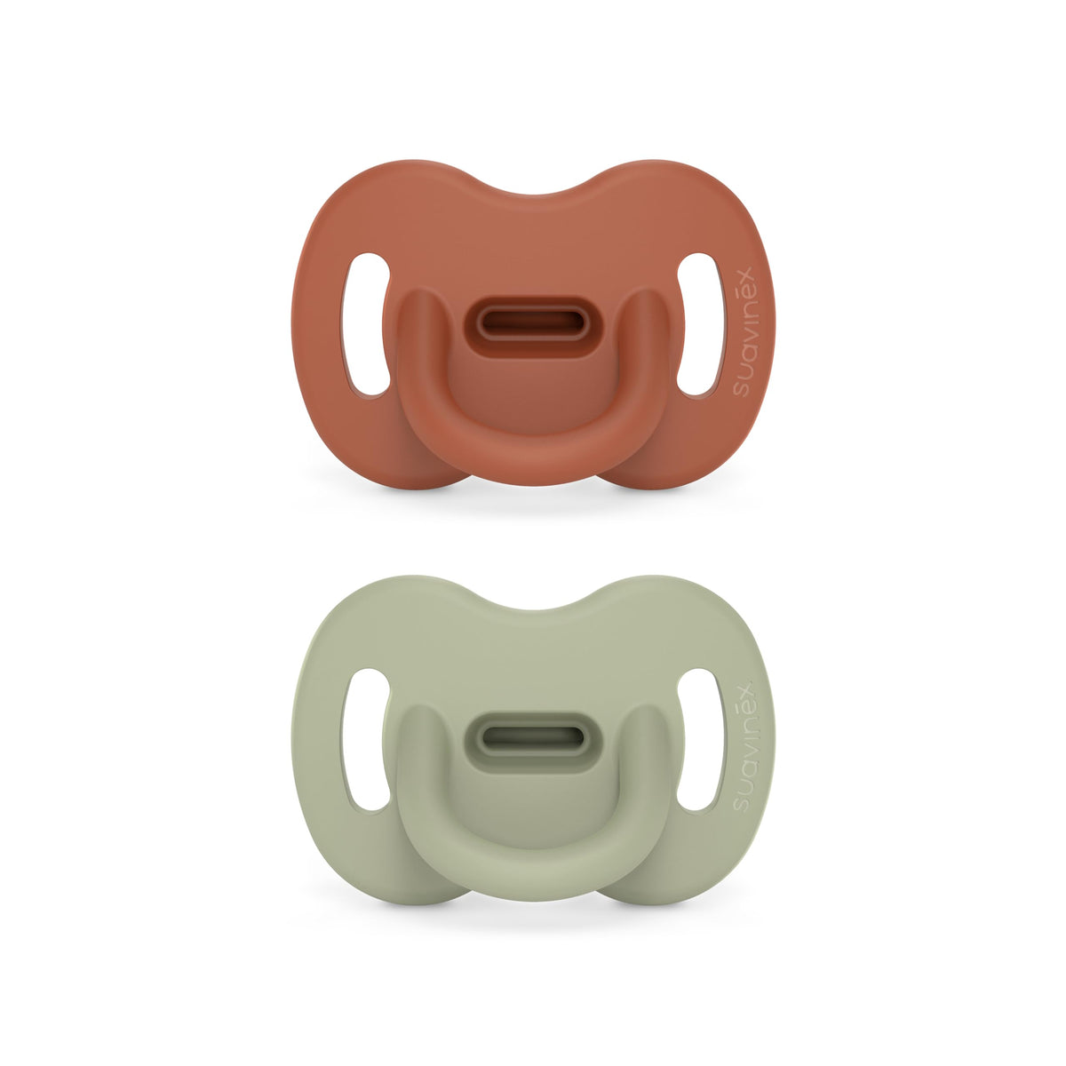 Suavinex Color Essence SX PRO pacifier 2pk in orange and green for on-the-go soothing.