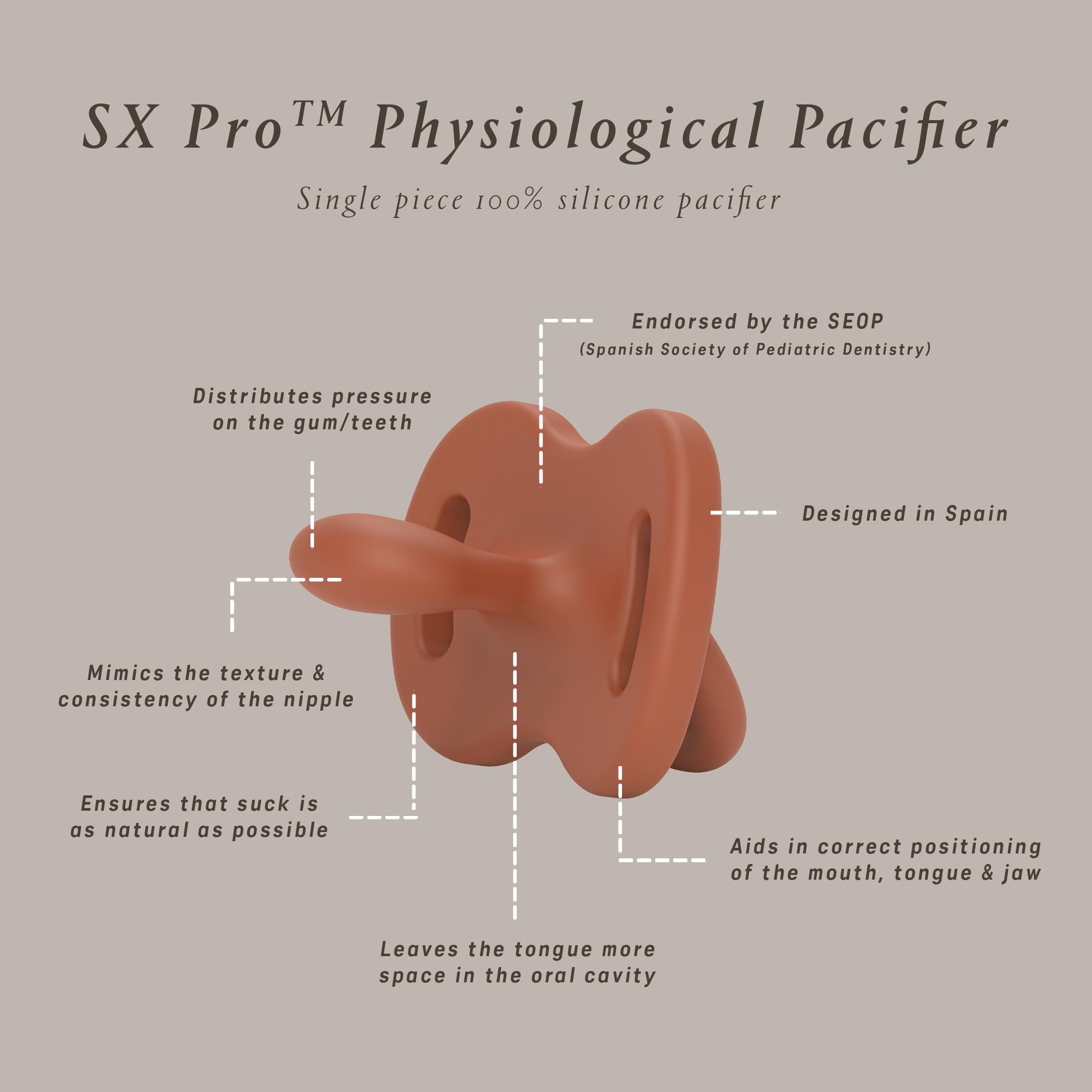 Mouth-position view of Suavinex pacifier highlights comfortable natural mouth closure.