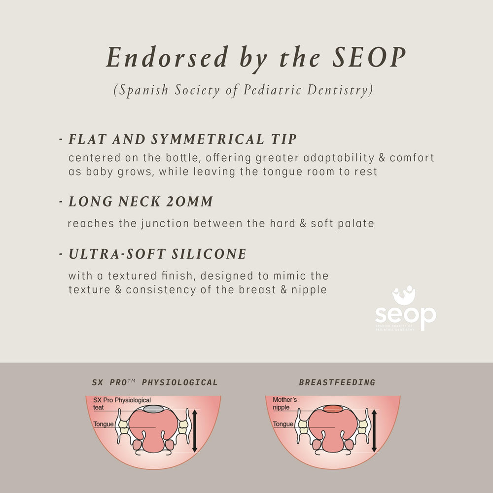 Suavinex nipple endorsed by SEOP for pediatric dentistry.