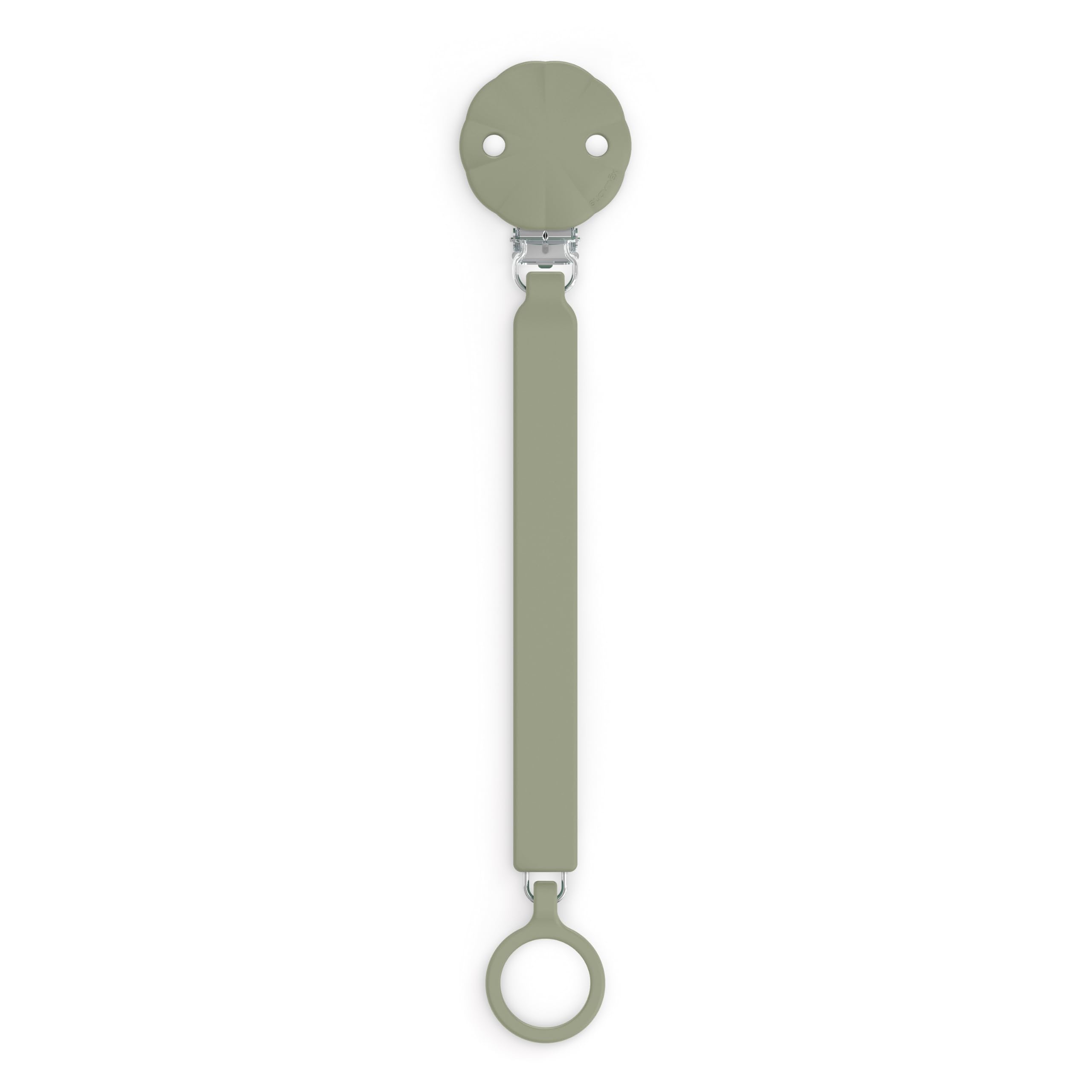 Suavinex Wonder pacifier clip close-up shows fuzz-free silicone for easier cleaning.