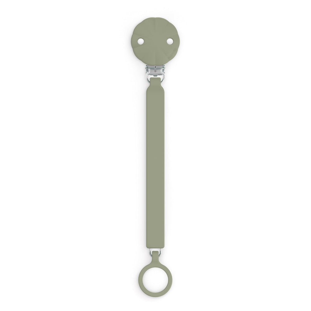 Suavinex Wonder pacifier clip close-up shows fuzz-free silicone for easier cleaning.