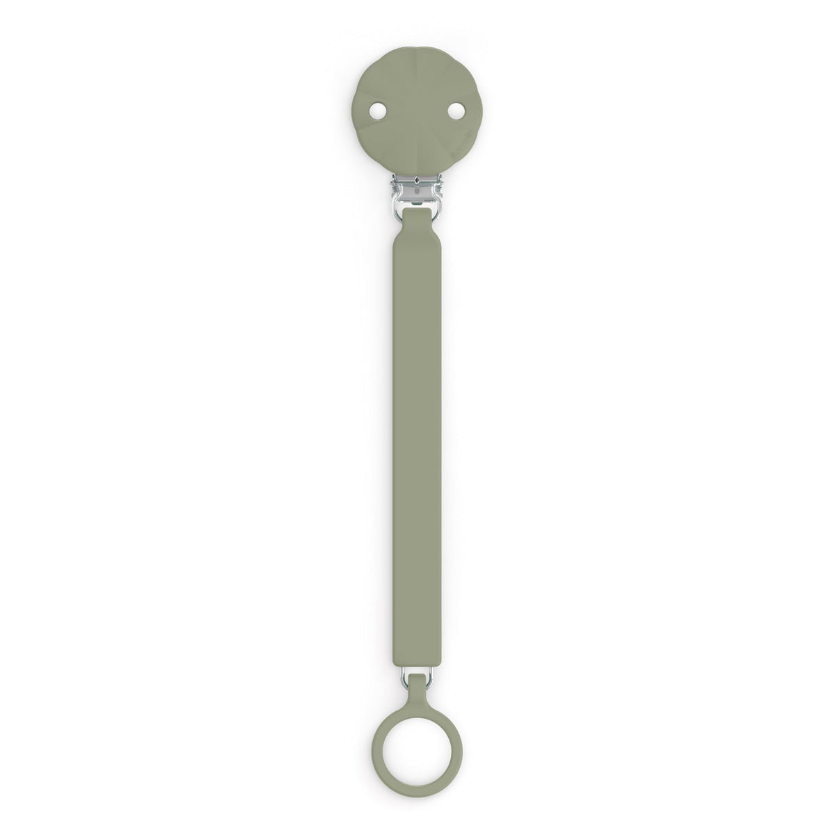 Suavinex Wonder pacifier clip close-up shows fuzz-free silicone for easier cleaning.