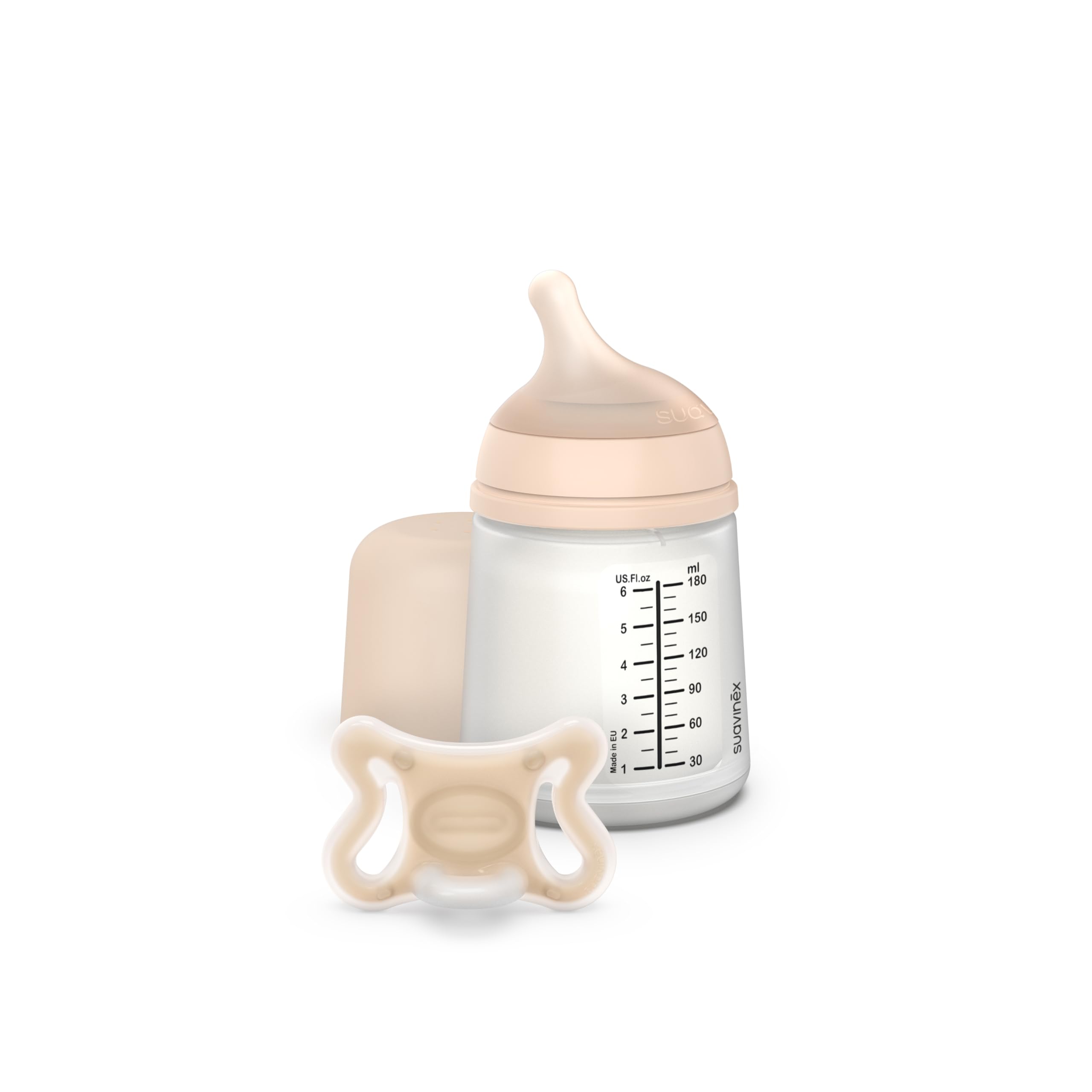 Suavinex Zerø.Zero bottle close-up showing adaptive flow for natural feeding.
