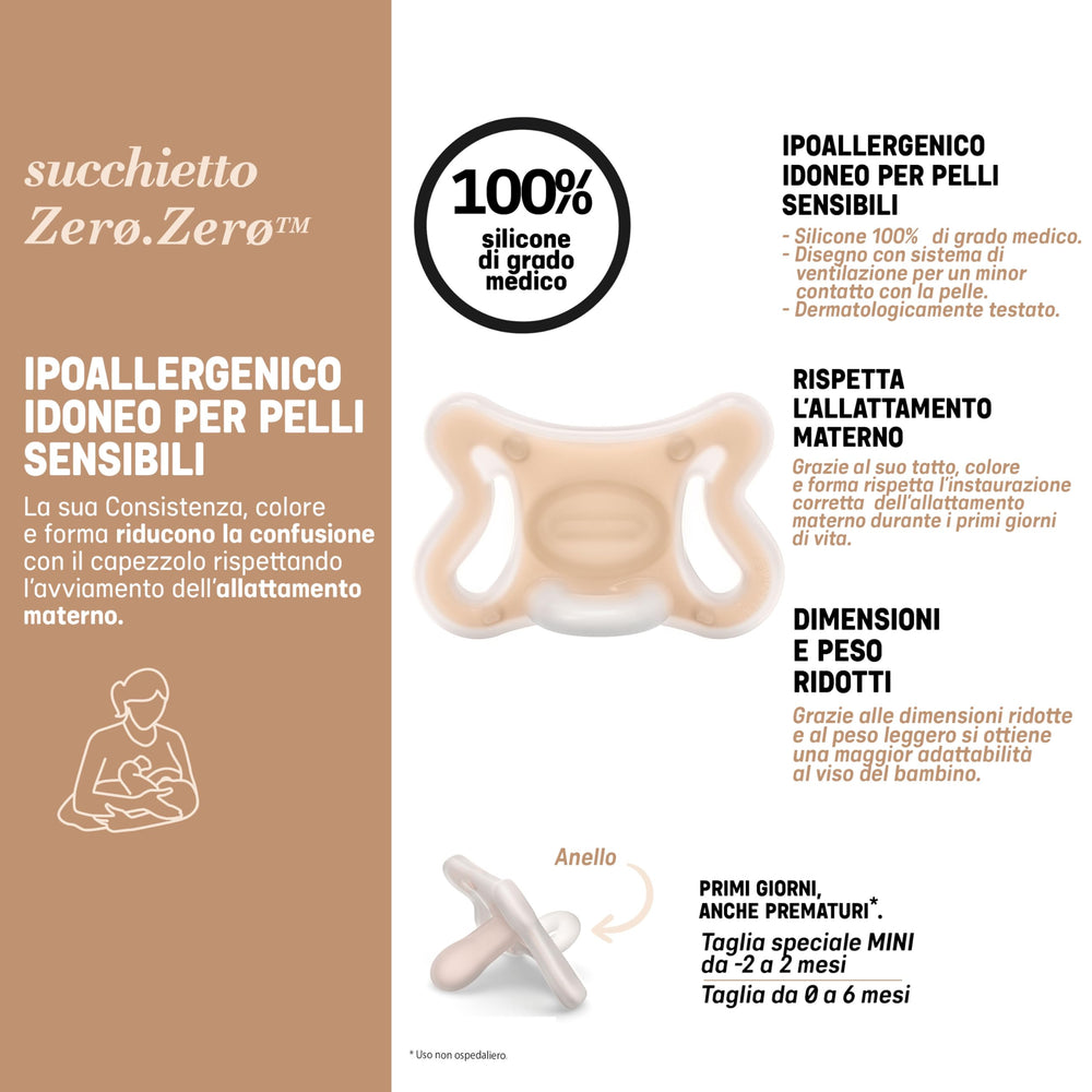 Suavinex Zero.Zero pacifier beside Zerø.Zerø bottle for coordinated feeding.