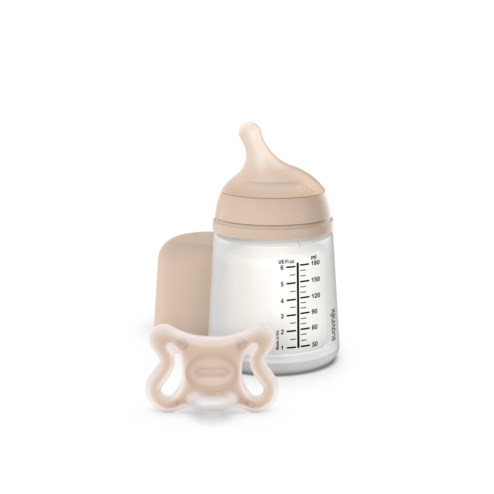 Suavinex Zerø.Zerø bottle full view shows natural-feeding-inspired design for smoother breast-to-bottle transitions.