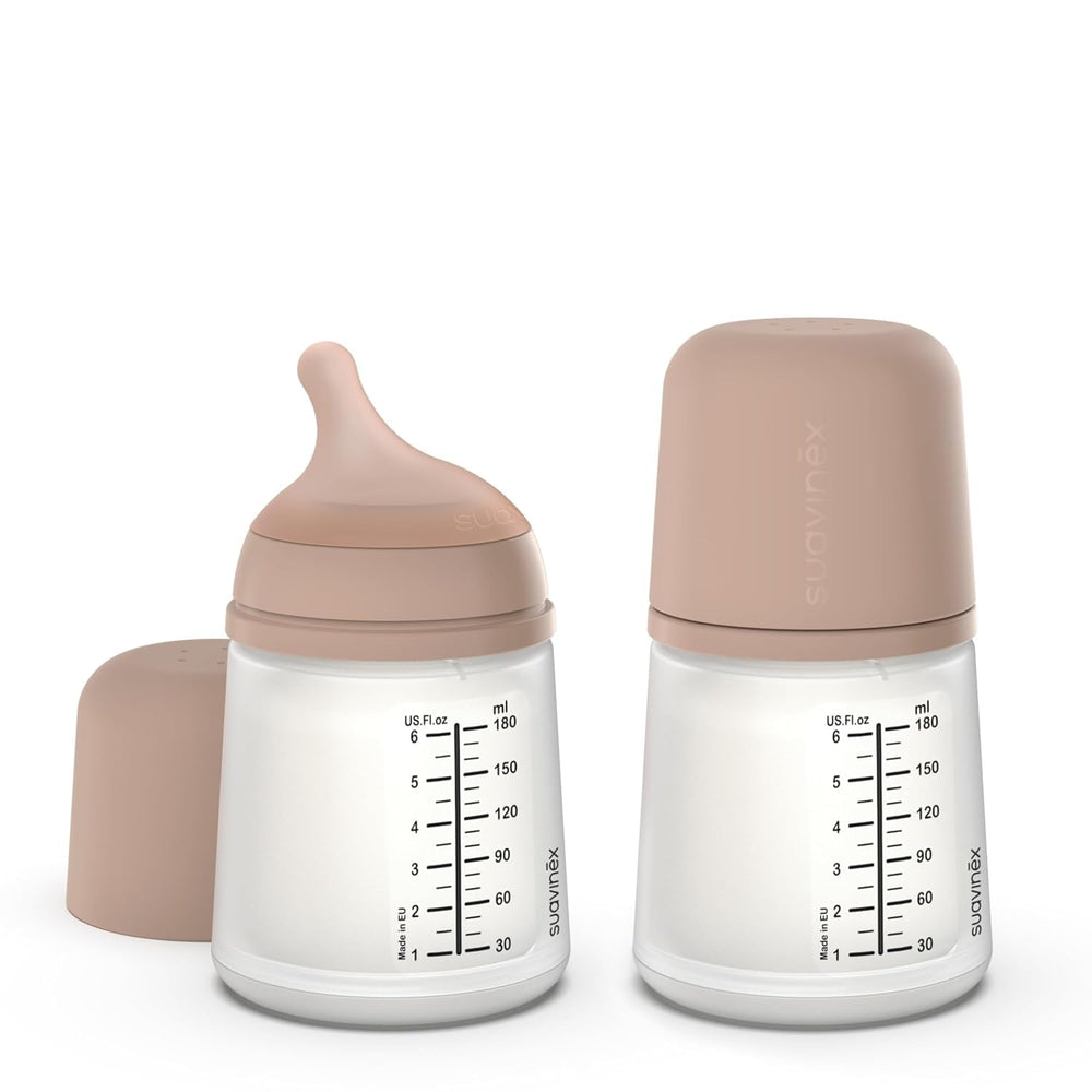 Suavinex Zero Zero bottle side view shows compact 2pk design for easy everyday feeding.