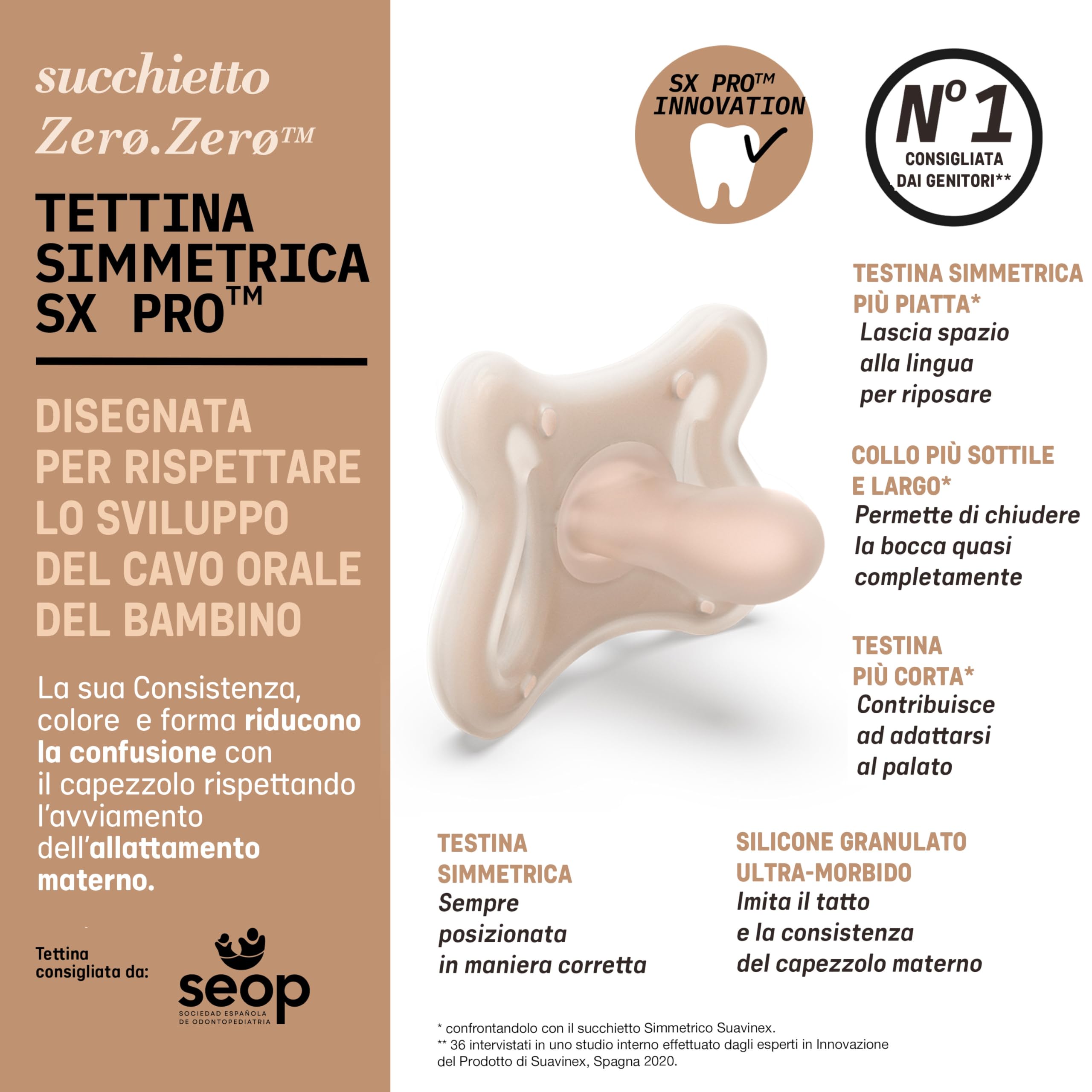 Hypoallergenic medical-grade silicone on Suavinex Zero.Zero pacifier for sensitive skin.
