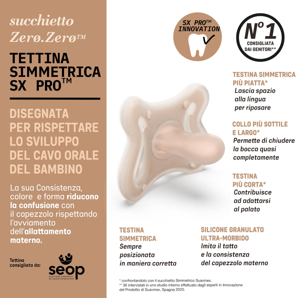 Hypoallergenic medical-grade silicone on Suavinex Zero.Zero pacifier for sensitive skin.