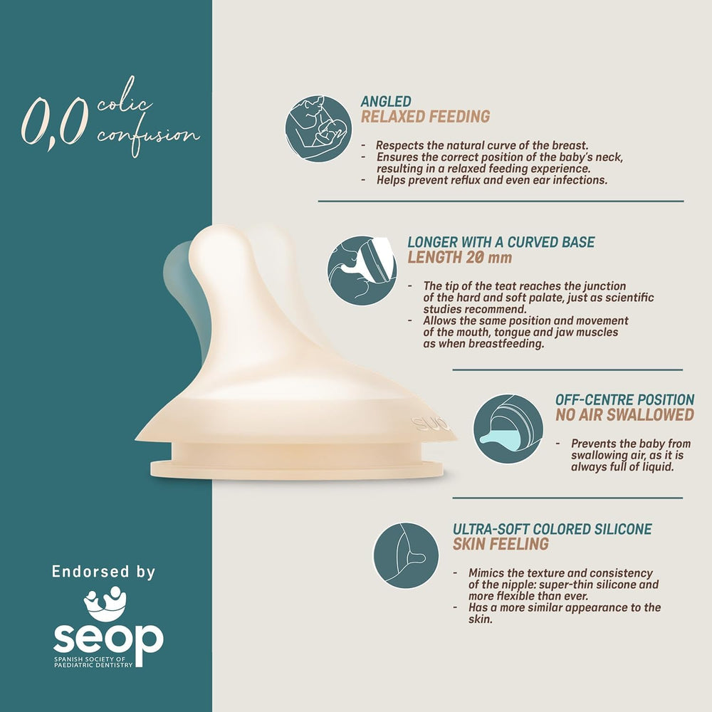 Suavinex Zero Zero soft silicone nipple resembles skin for a natural feel.