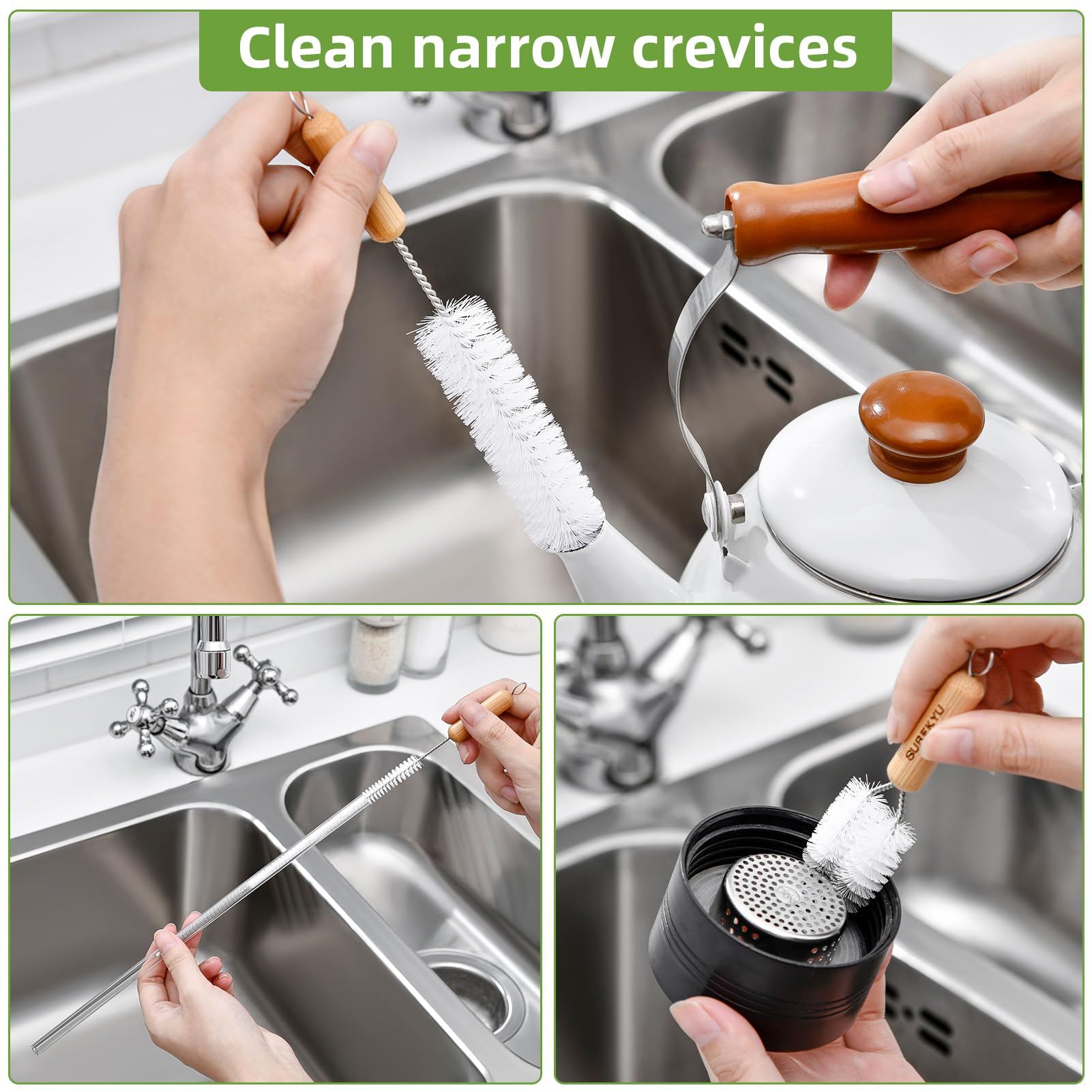 SUBEKYU Bottle Brush set packaging gray-white shows convenient 3-in-1 kit for cleaning.