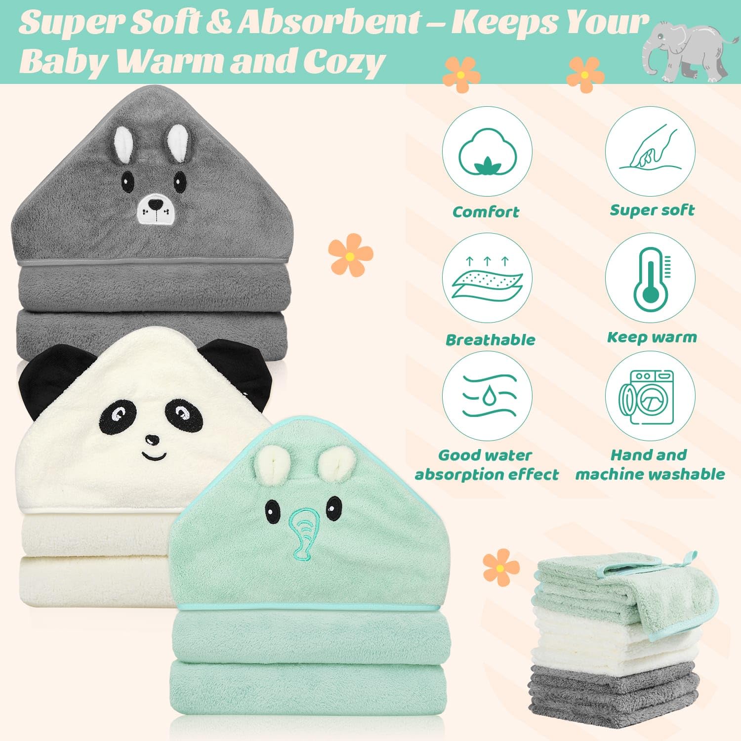 Sublaga elephant hooded towel features a playful character for bath time fun.