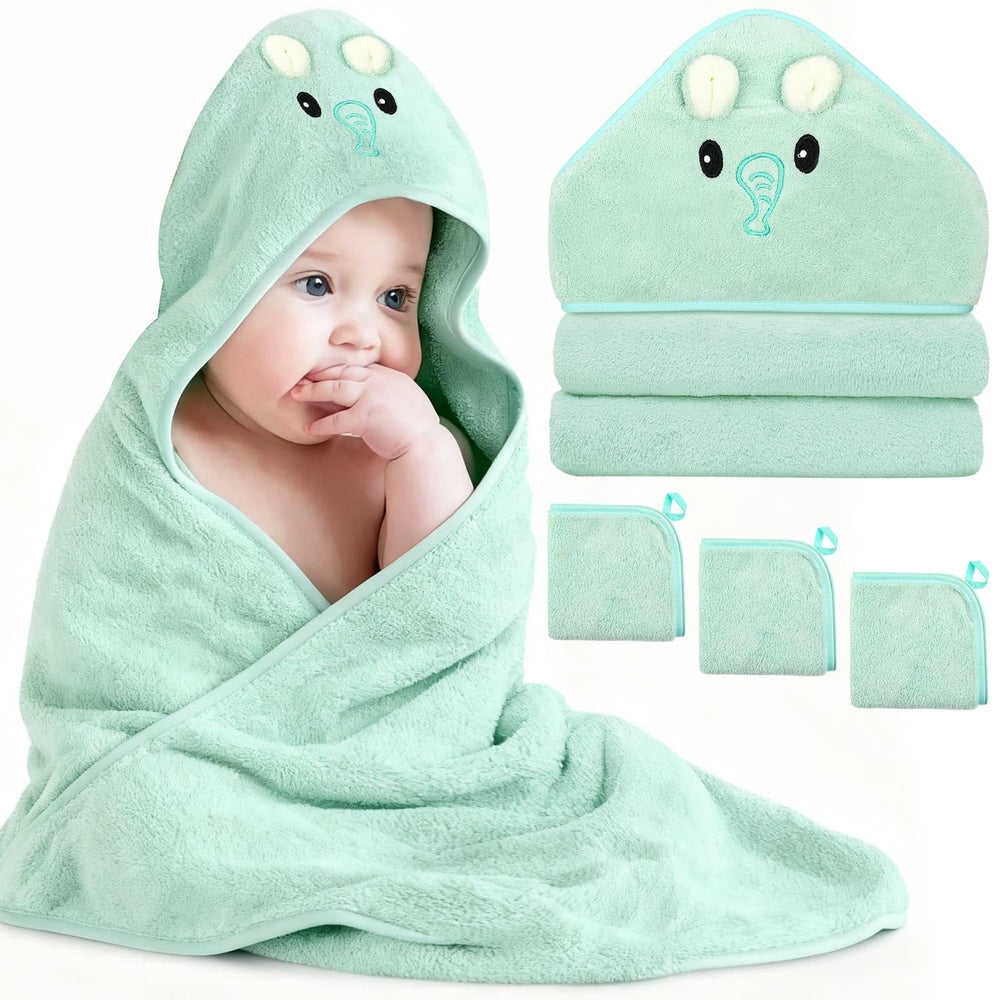 Sublaga green elephant hooded towel showing plush warmth after bath
