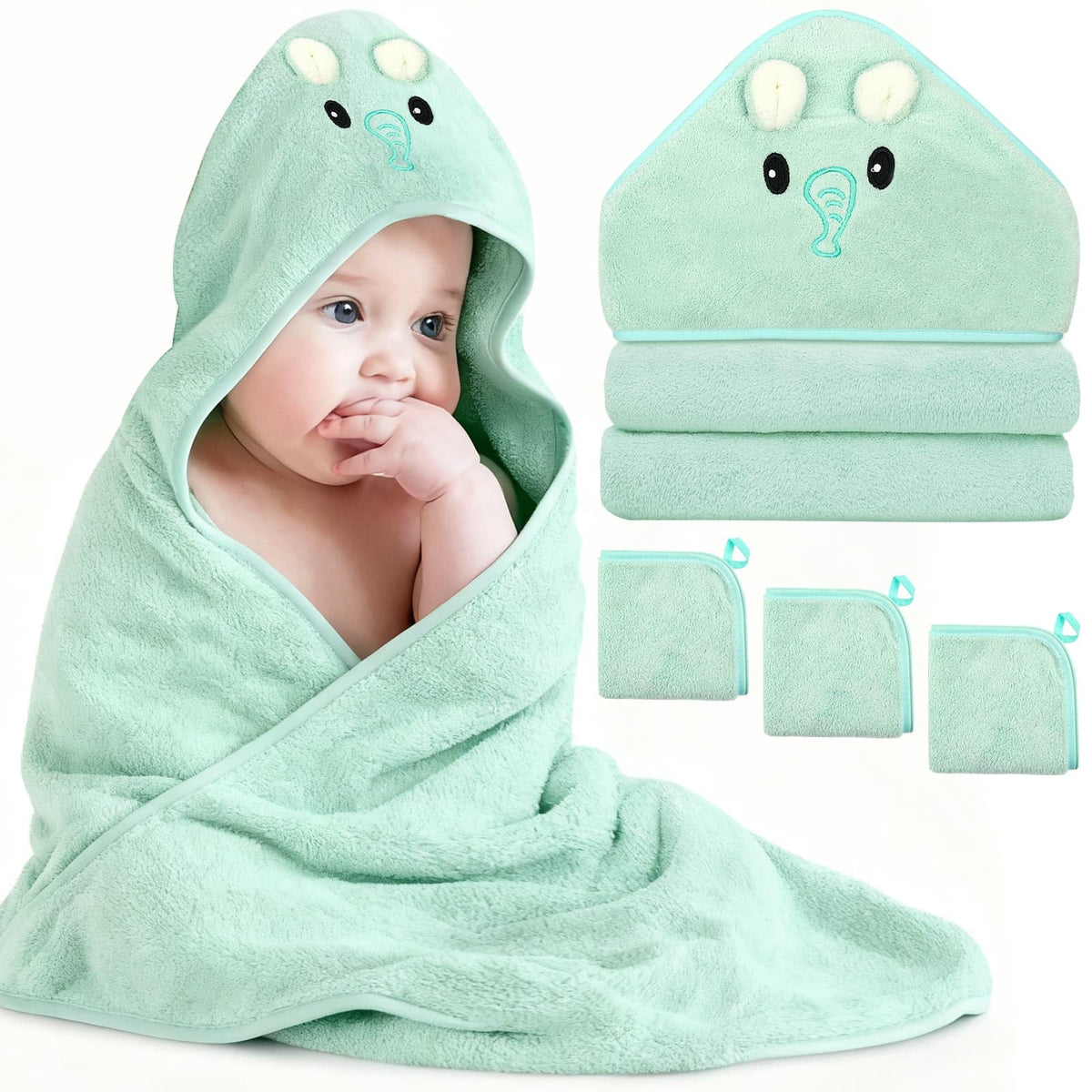 Sublaga green elephant hooded towel showing plush warmth after bath