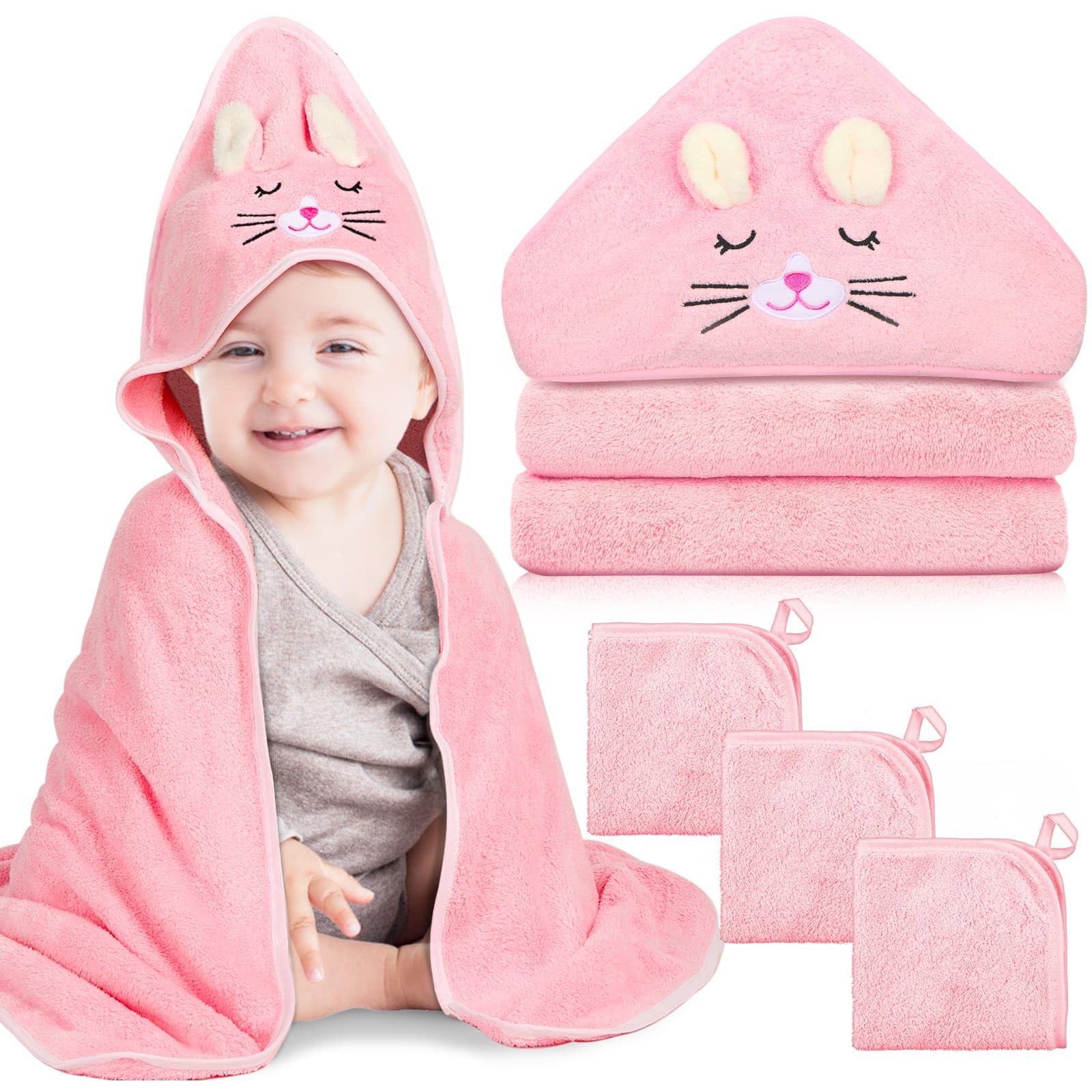 Sublaga hooded baby towel 32x32 in pink kittens drying baby after bath