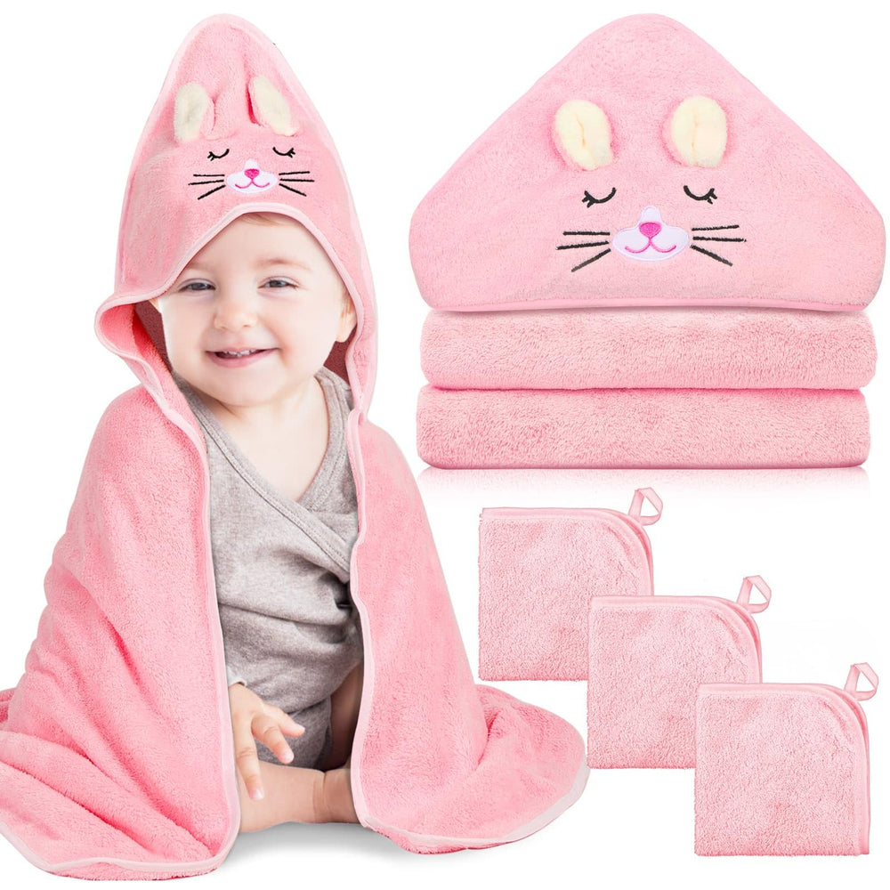 Sublaga hooded baby towel 32x32 in pink kittens drying baby after bath
