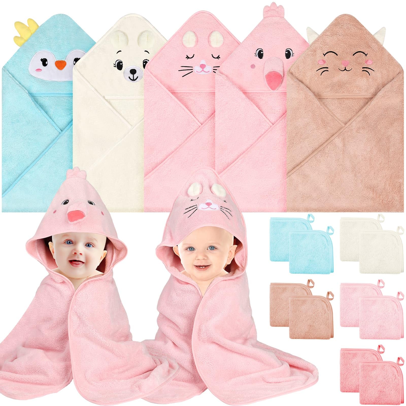 Sublaga hooded towel pink rabbit design keeps baby warm after bath.