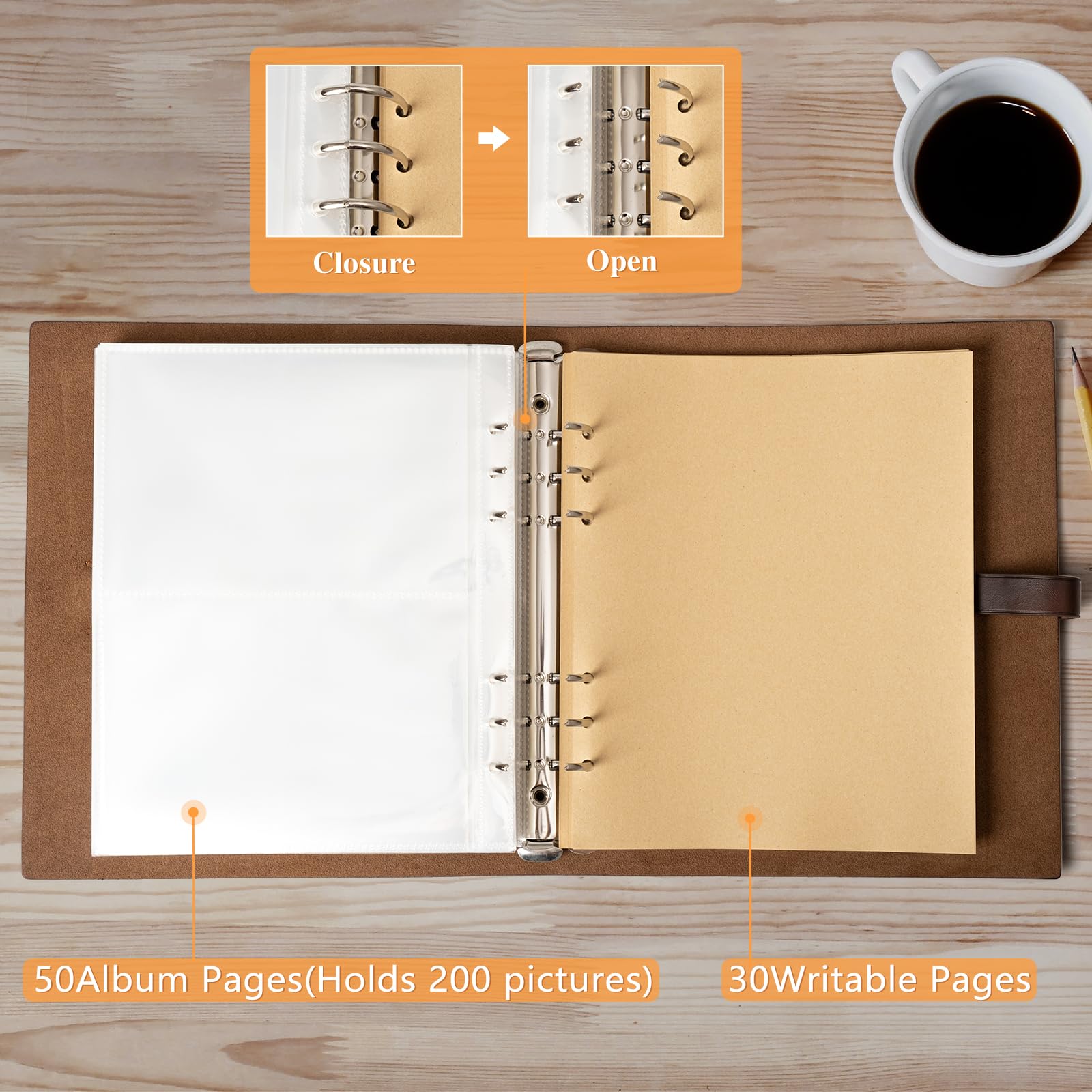 Sucarlon photo album 6-ring binder design enabling easy page reorganization.