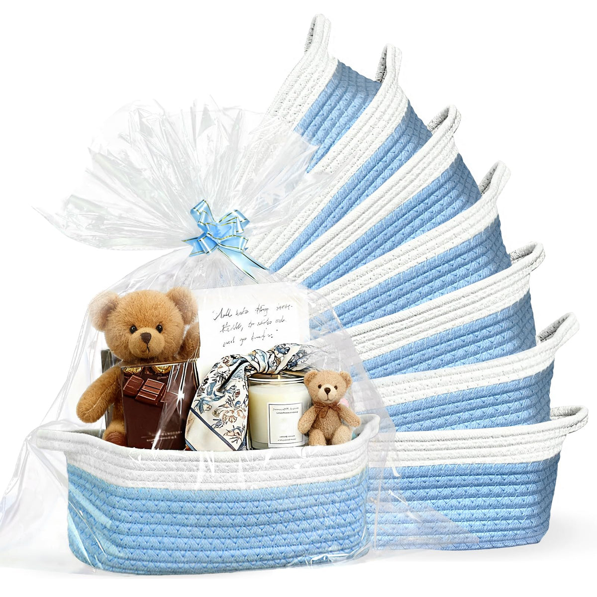 Succwoah 8-pack blue woven baskets for stylish toy and trinket storage.