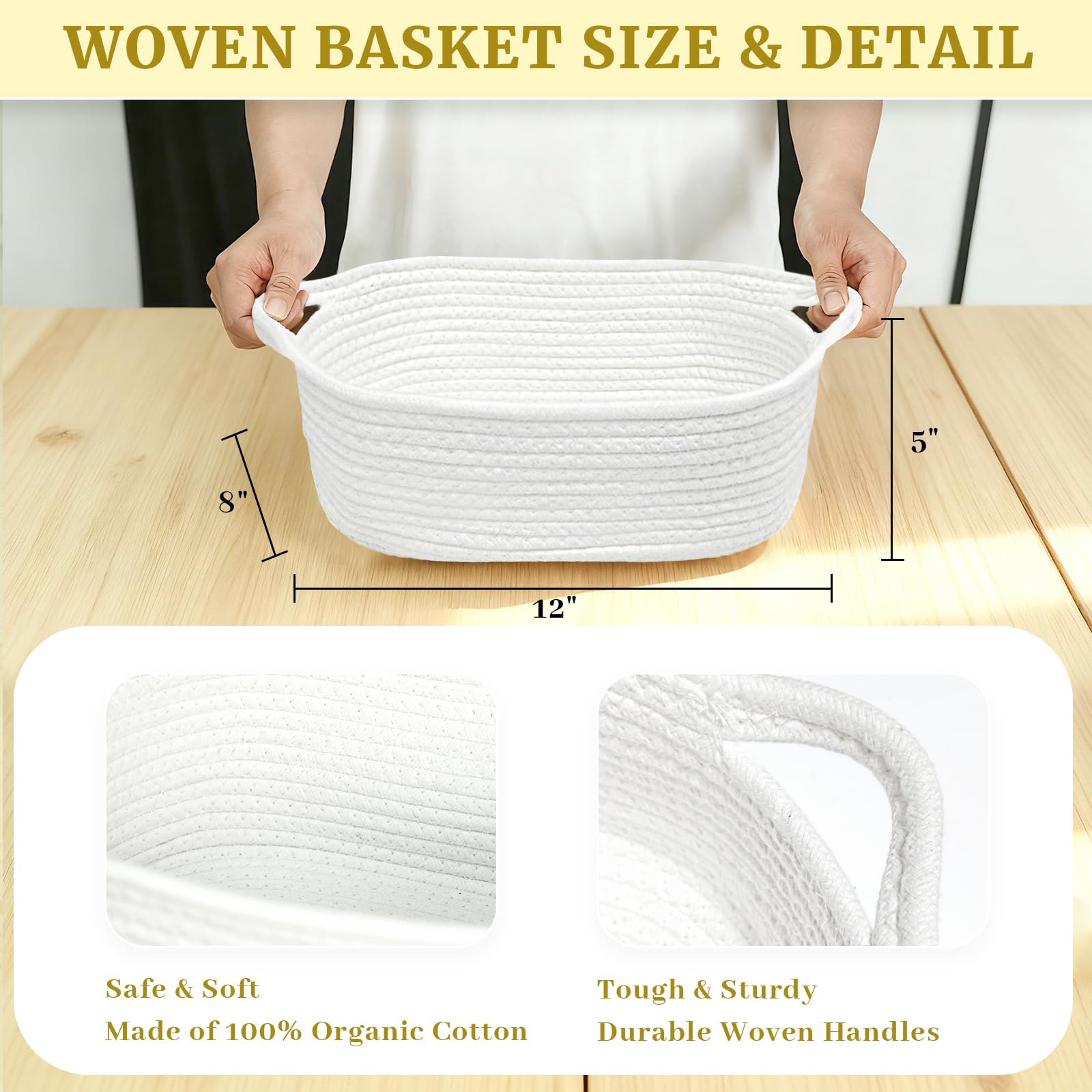 Succwoah woven basket side view highlights sturdy cotton rope construction for everyday use.