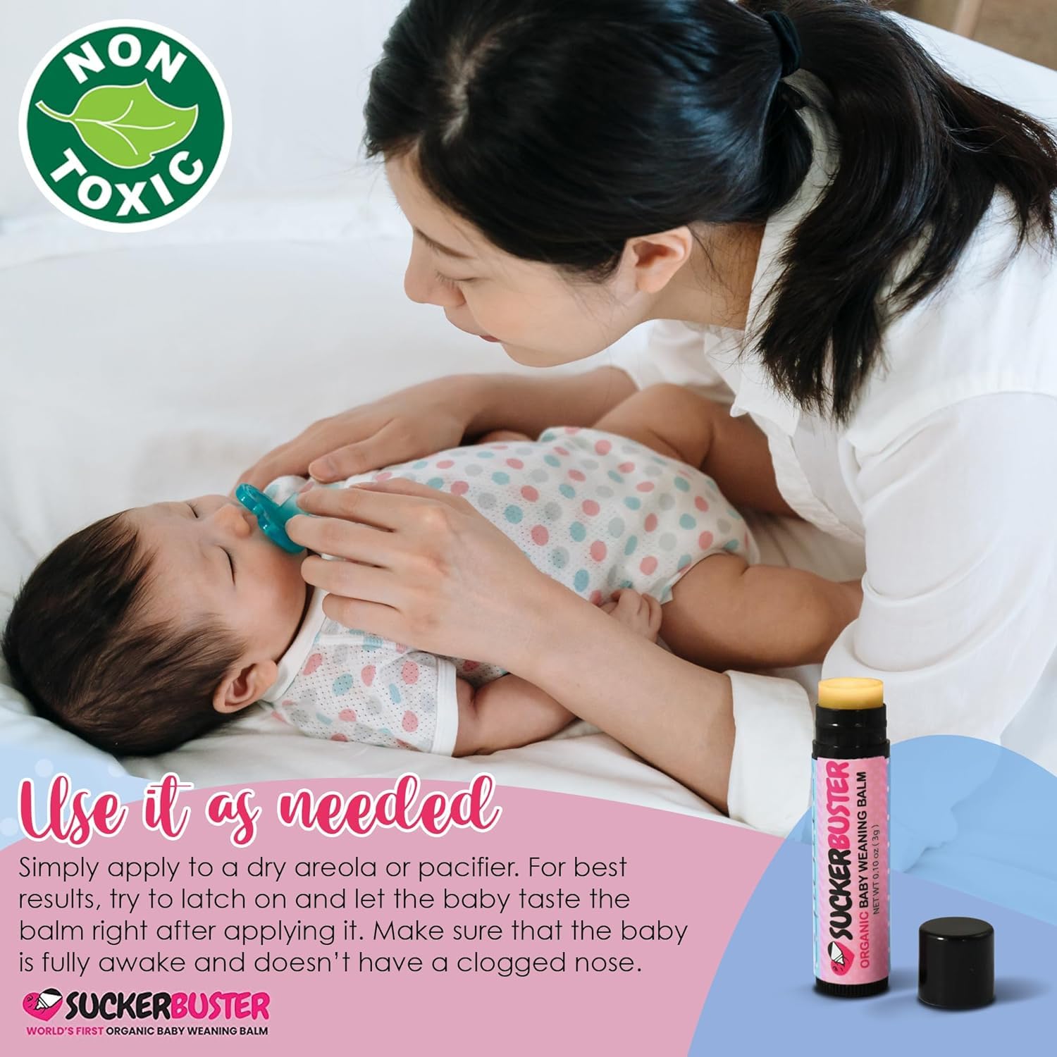 Suckerbuster American-made quality badge on packaging signals trusted postpartum care