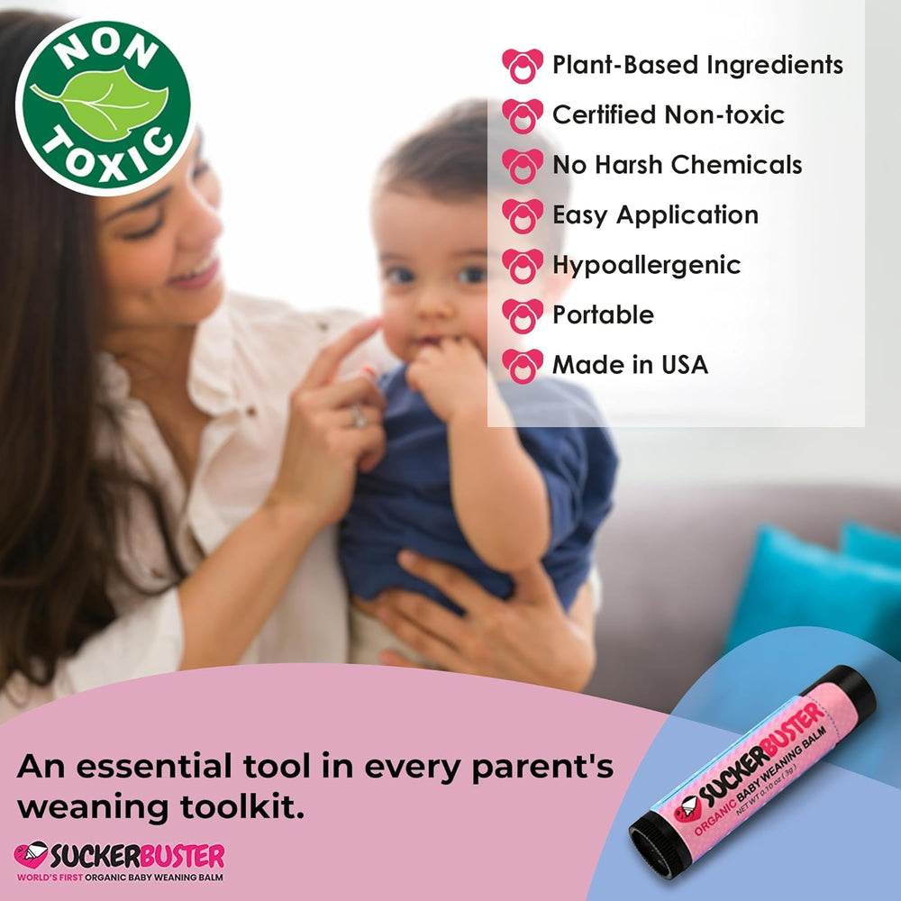 Suckerbuster vegan balm container emphasizes safe, plant-based care for little ones