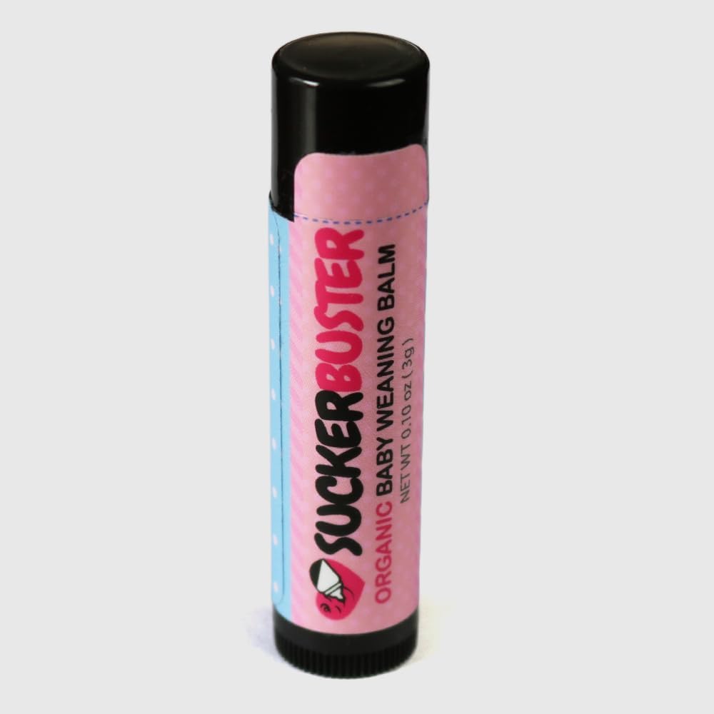 Suckerbuster Weaning Balm packaging highlights organic vegan formula for baby transition