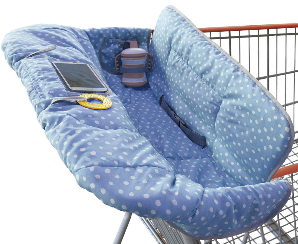 Suessie blue dots cart cover rolled into compact pouch for travel-ready storage.