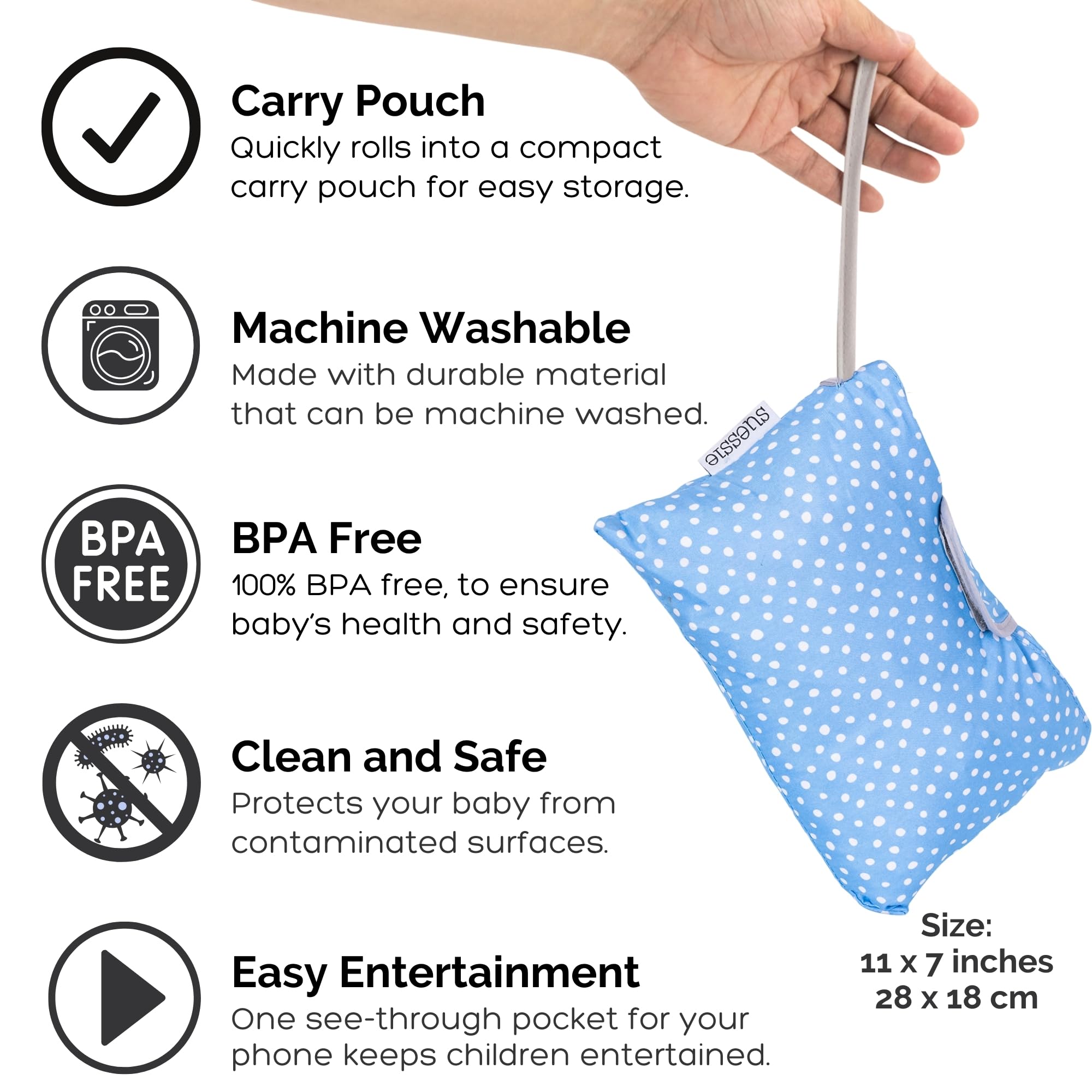 Suessie blue dots see-through phone pocket keeps entertainment accessible.
