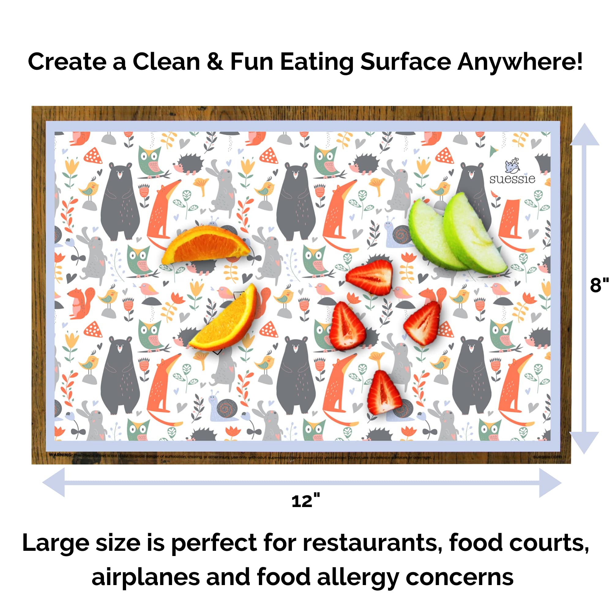 Suessie BPA-free disposable placemats closeup shows safe surfaces for baby meals.