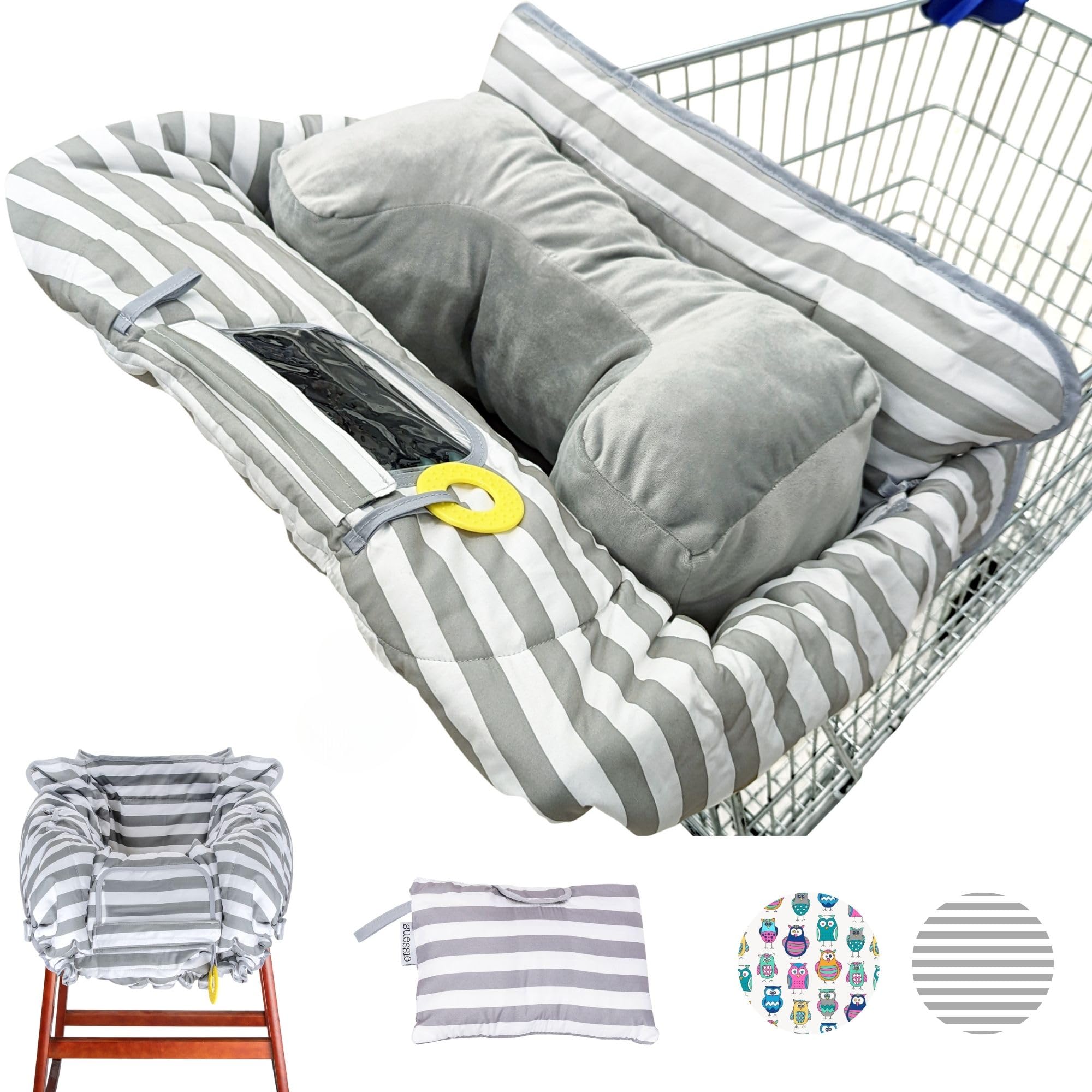 Suessie cart cover gray-white striped setup shows quick, clean-cart protection on errands.